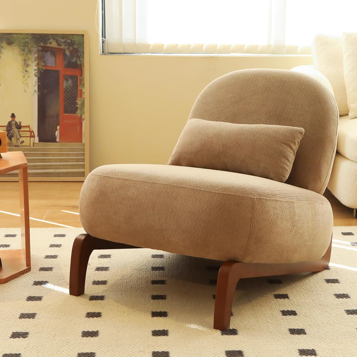 KEIKI Velvet Accent Chair, Armless Cloud Chair with Solid Wood Legs, Cozy Single Sofa Chair for Living Room, Bedroom, Balcony, or Waiting Room, Camel