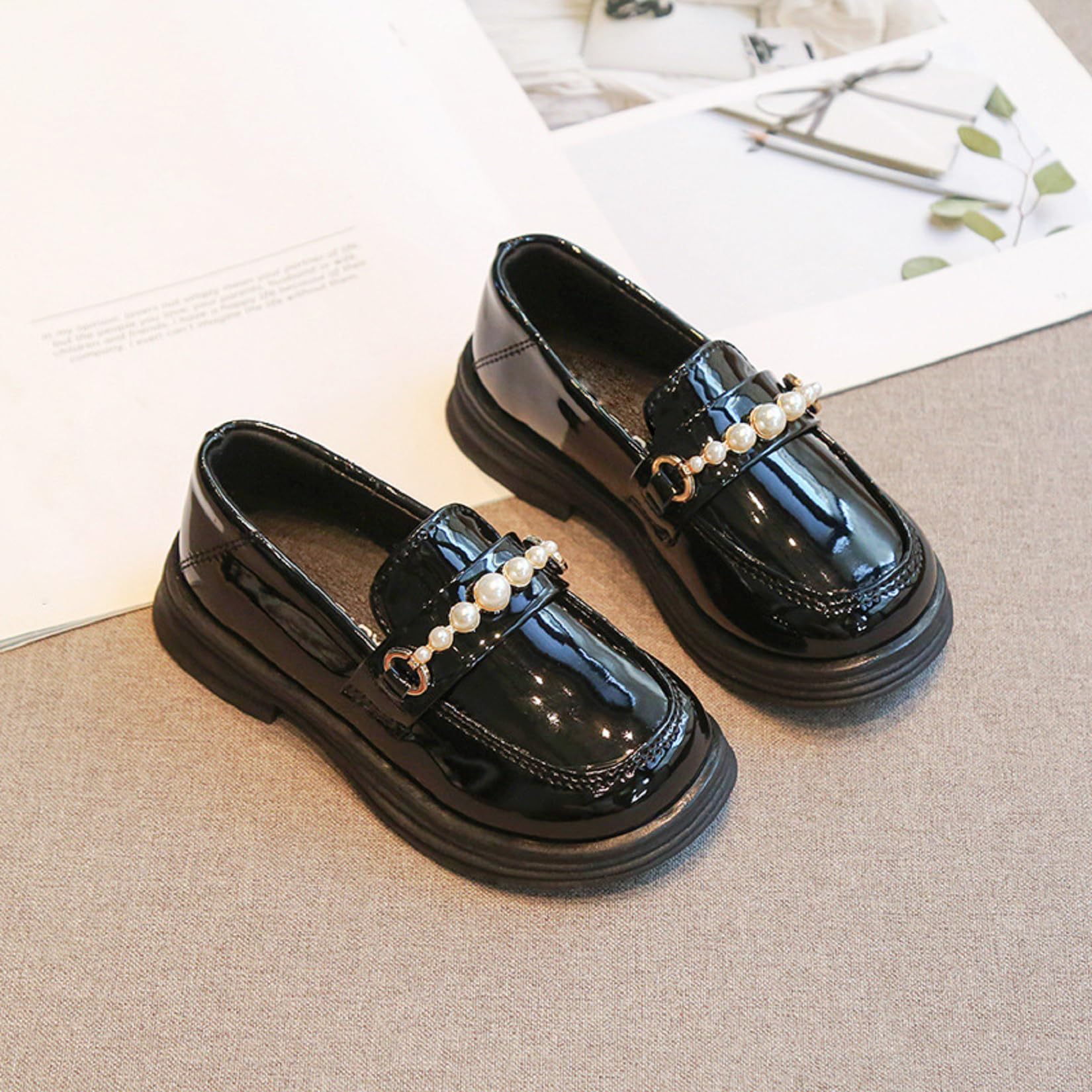 Zapatos Mocasín Elegantes de Niña con Perlas Charol sin Cordones Tallas 22-36