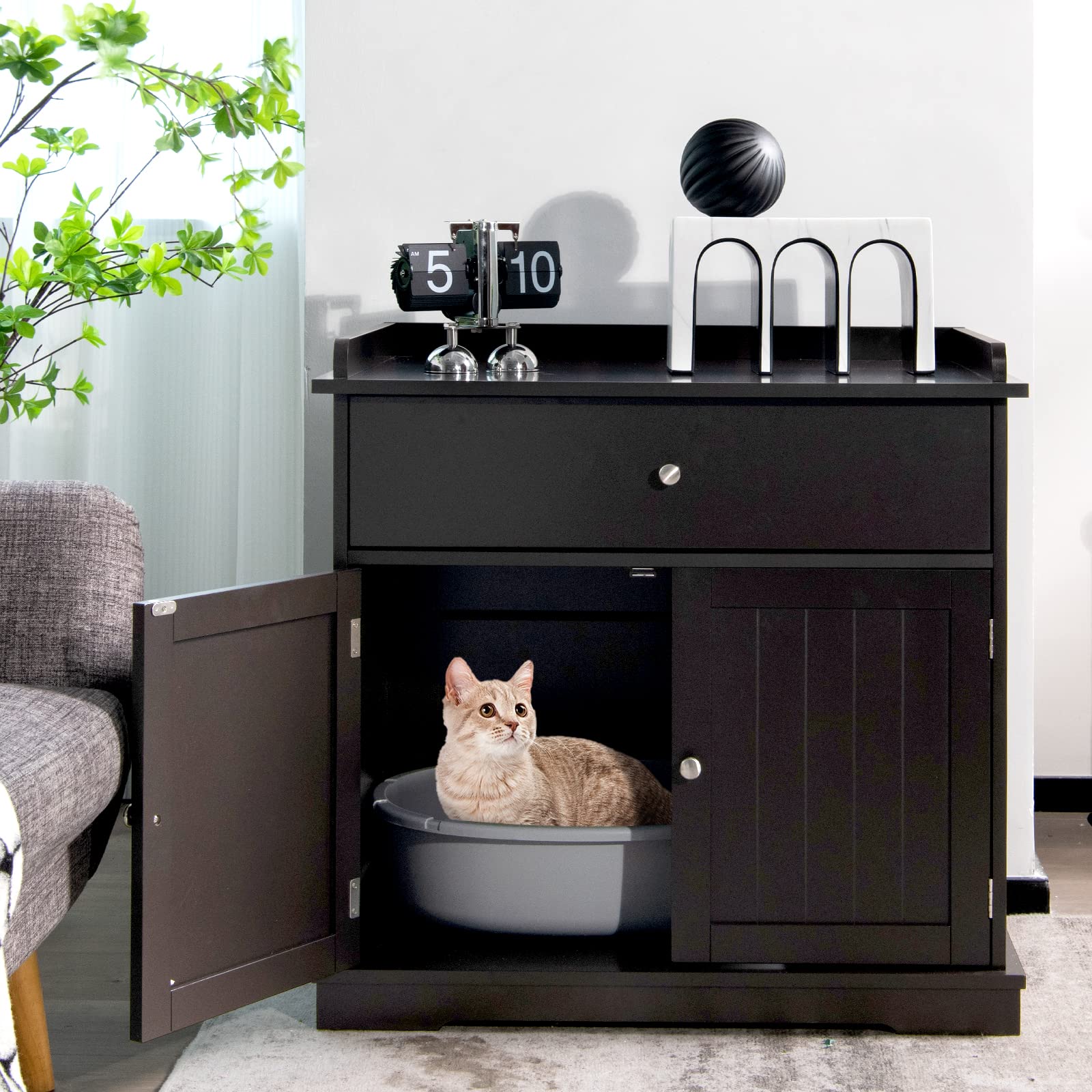 GOPLUS 3 in 1 Katzenschrank, Katzenklo mit Schubladen, Doppeltüren und Katzenlöchern, versteckte Katzentoilette, Katzenstreu-Beistelltisch für Wohnzimmer, Schlafzimmer & Balkon (Braun)