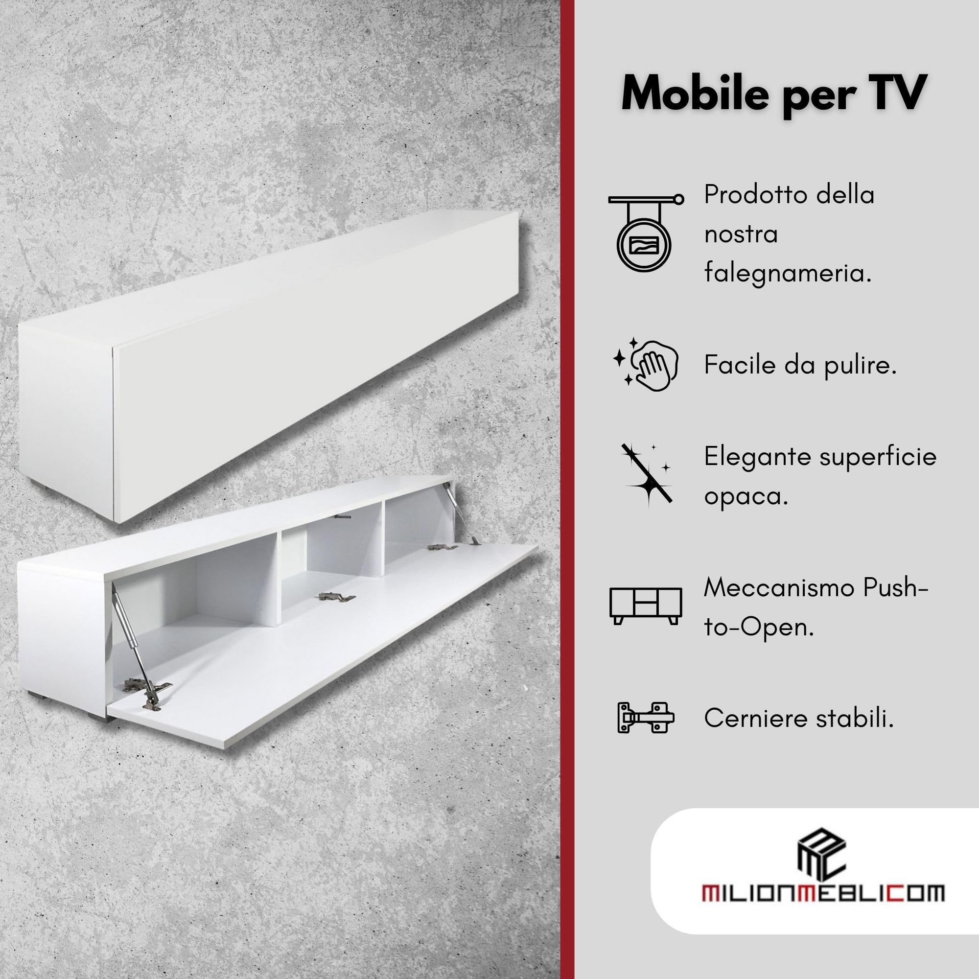 Mobile porta TV Soggiorno Mobiilietto TV Moderno da Appoggio o Sospeso per Salotto o Camera da letto Montaggio facile Funzione push-to-open, Bianco Opaco, 30 x 160 x 30 cm