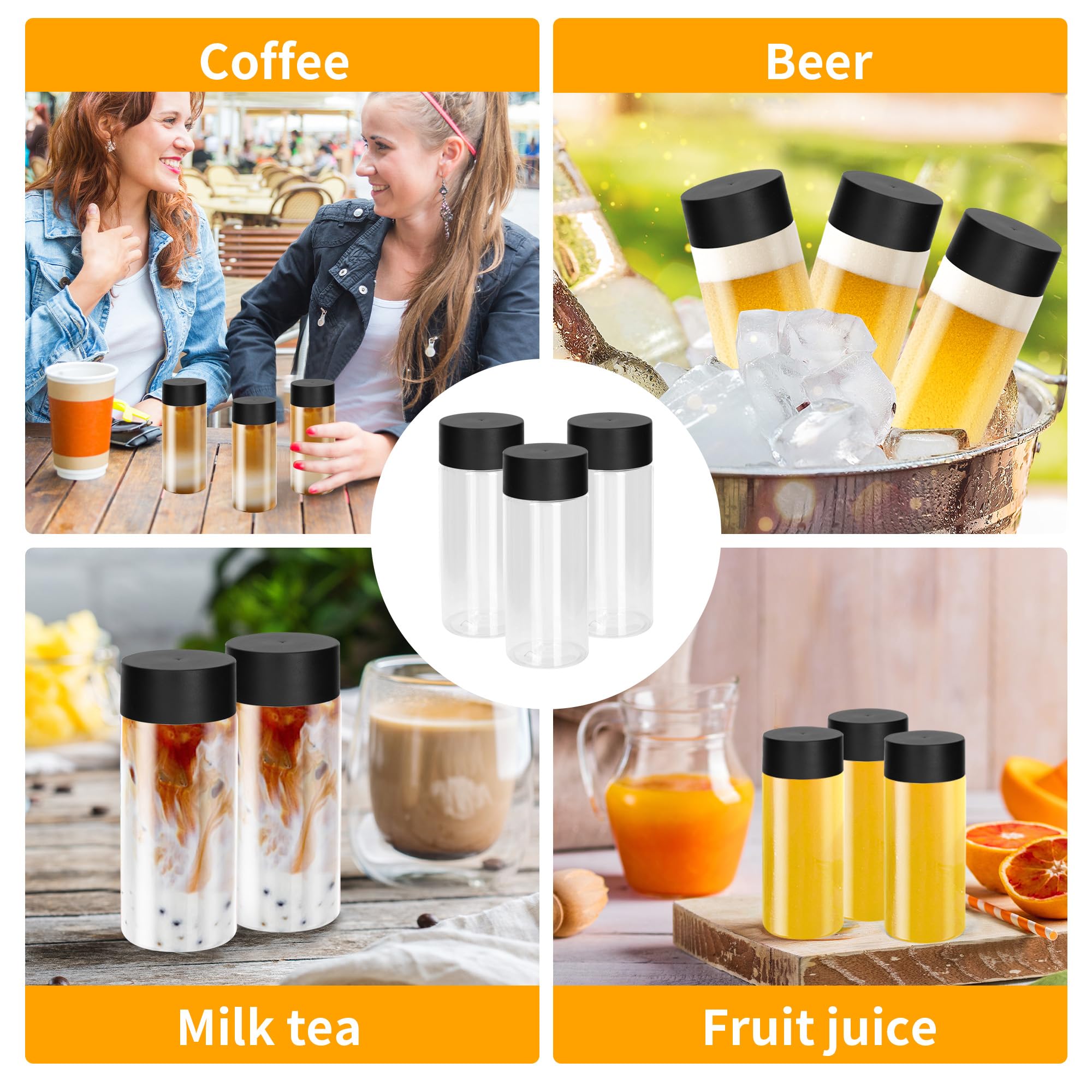24 bottiglie sensoriali vuote in plastica trasparente con tappi, 300 ml, in plastica PET, riutilizzabili, a prova di perdite, per succhi di frutta, latte, per succhi di frutta (coperchio nero)