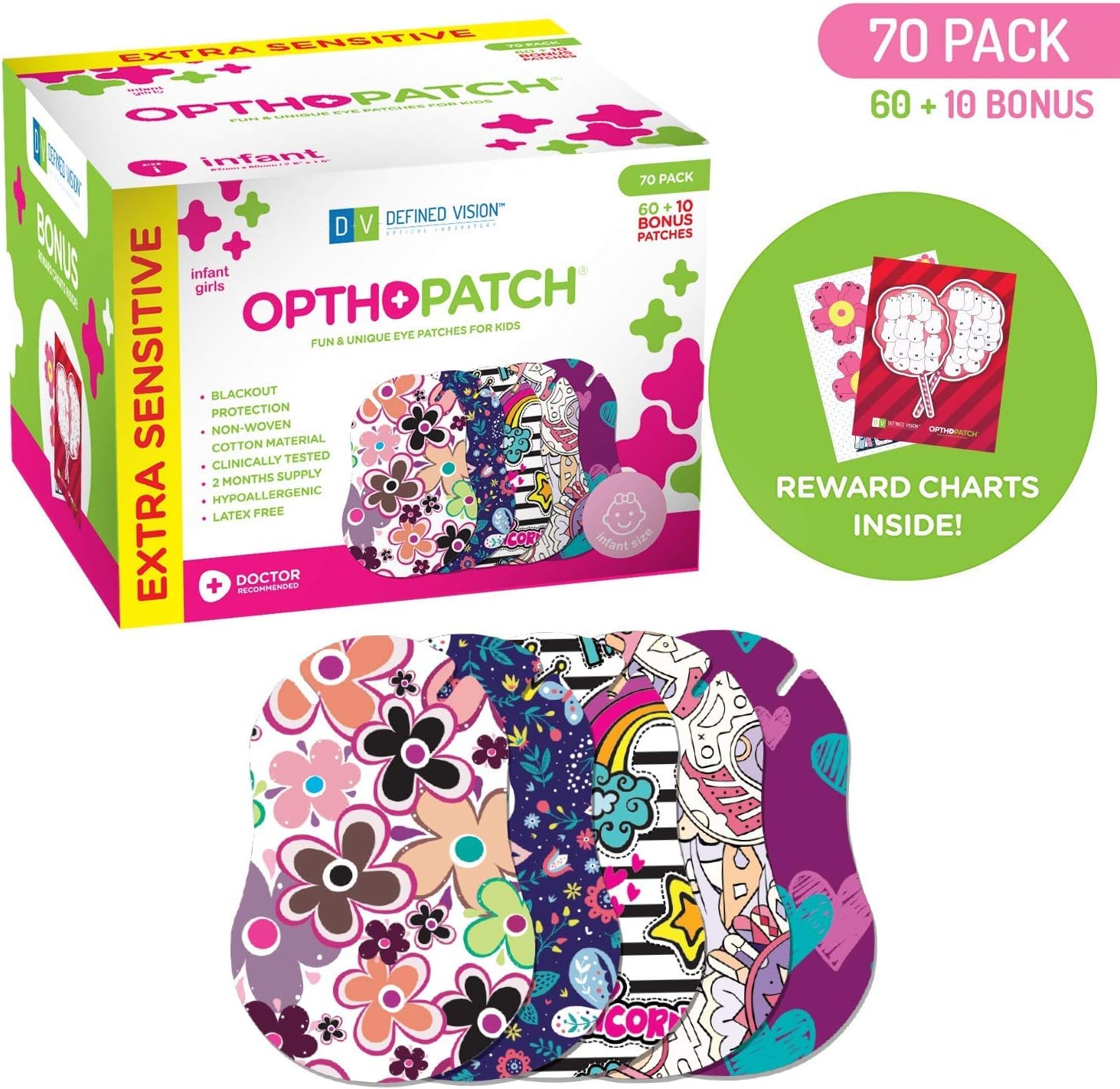 OPTHOPATCH Eye Patches for Infants - Fun Girls Design - 60 + 10 Bonus Latex Free Hypoallergenic Cotton Extra Sensitive Adhesive Bandages for Amblyopia & Lazy Eye