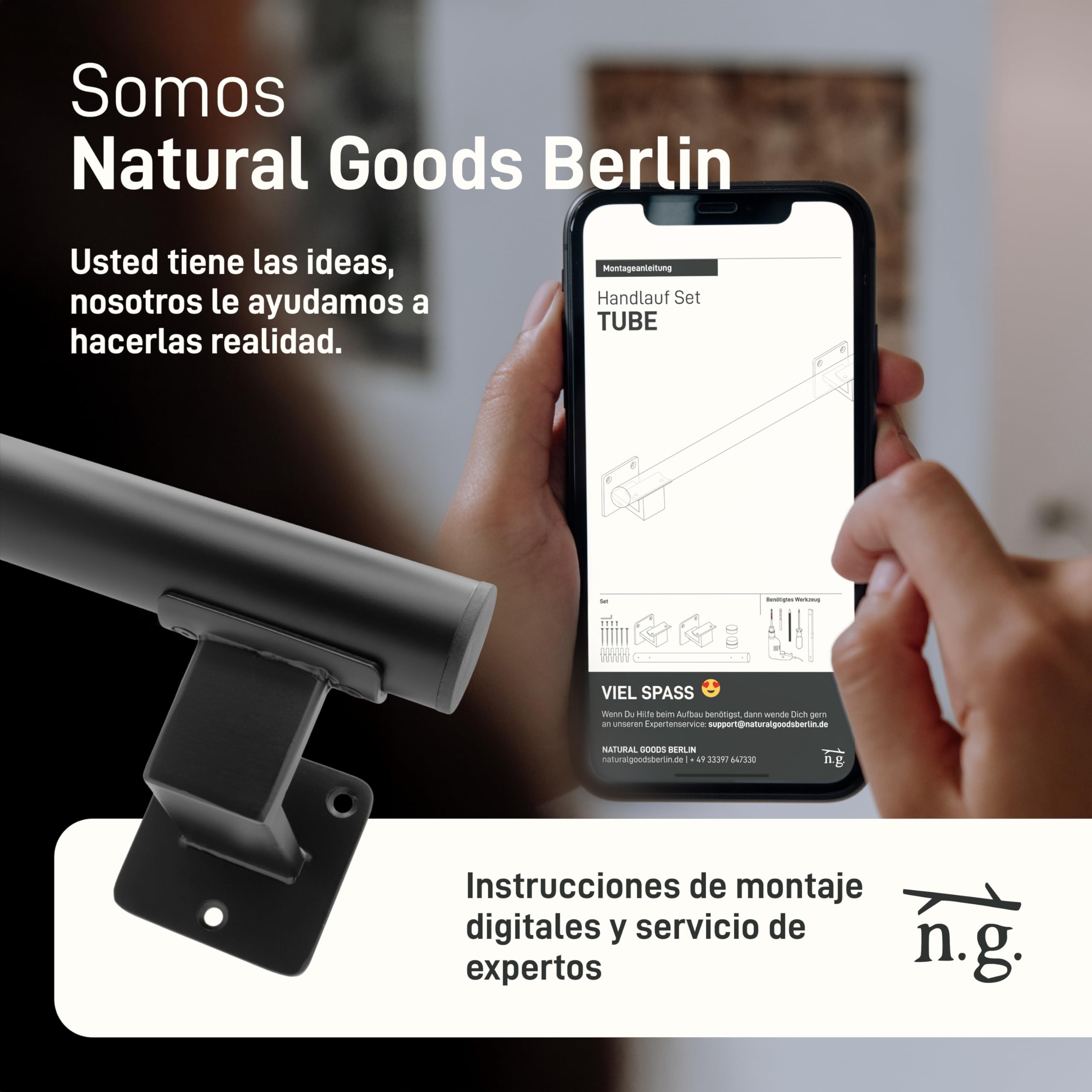 Natural Goods Berlin Juego de pasamanos Tube, pasamanos para escaleras, color negro, 100 cm y 2 soportes anchos, barandilla para escaleras exteriores, pasamanos con recubrimiento de polvo, barra de