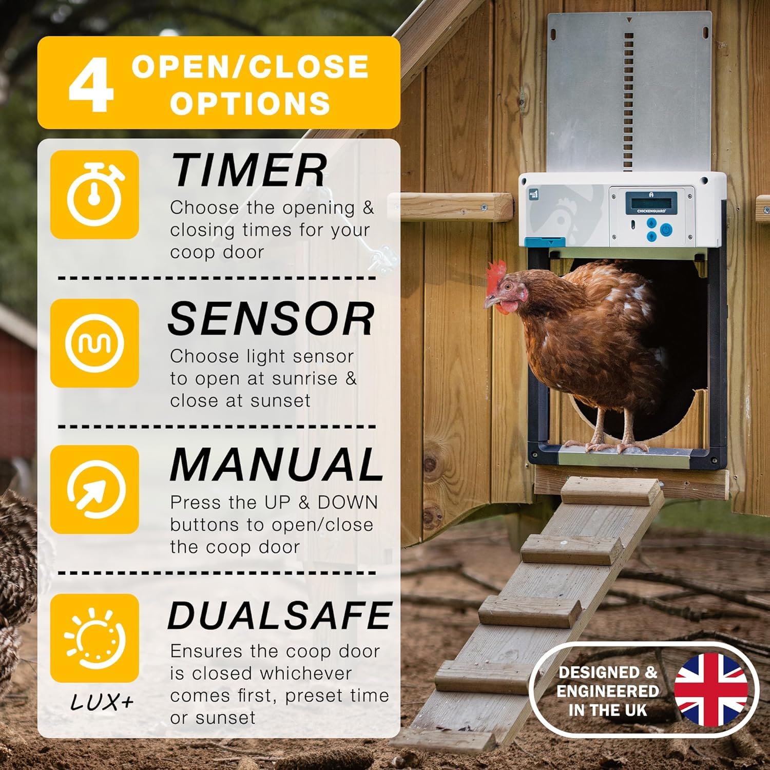 Hühnerklappe Automatisch ChickenGuard All-in-One, Hühnerstalltürfarben in Vier Farben, Timer/Lichtsensor, Auto-Stop, Raubtiersicher, Wintermodus-Power-Boost, Batterien Enthalten (Rot + Batterien)