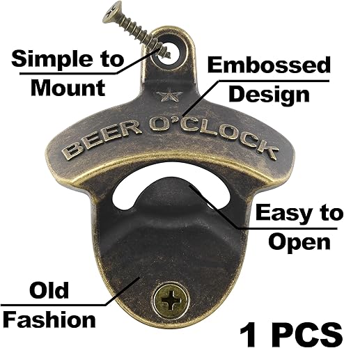 Miniatura 2 de Abridor de botellas de latón montado en la pared Abridor de tapa de cerveza de bronce antiguo inoxidable CERVEZA O'CLOCK Montable