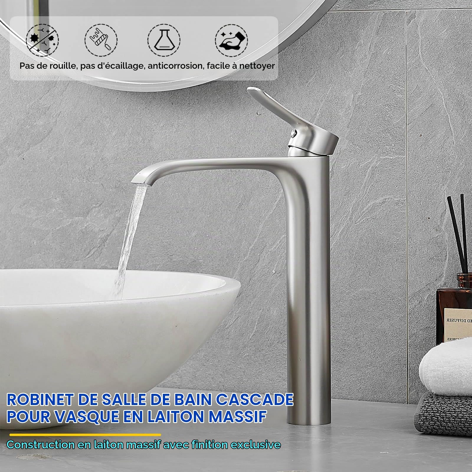 Robinet de salle de bain cascade - Robinet de salle de bain haut - Mitigeur monocommande - Argent (nickel brossé)
