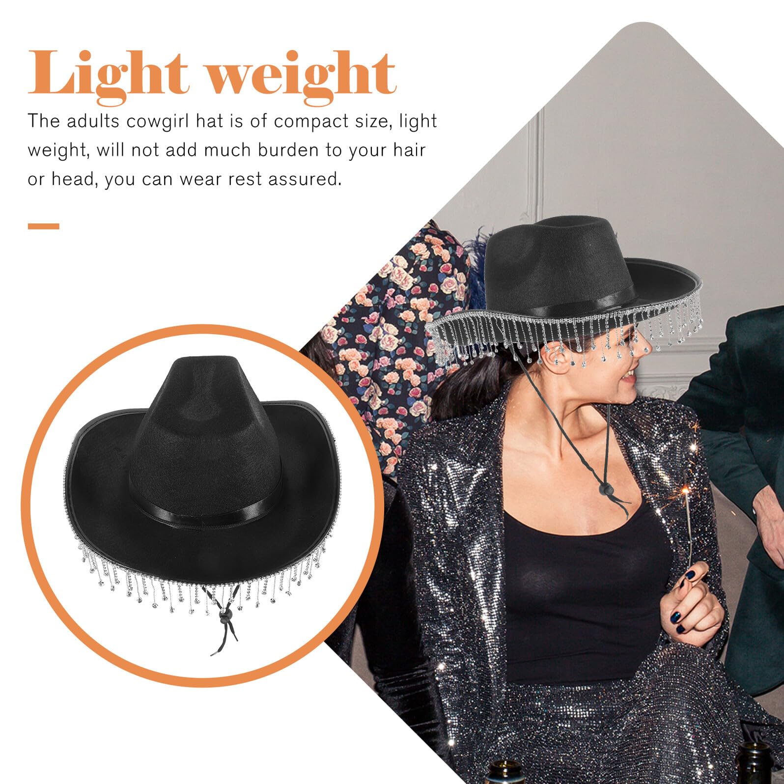 UPKOCH Sombrero estilo vaquero para mujer negro con borlas y pedrería diseño western para boda y fiestas sombrero transpirable de tela ligero y cómodo accesorio juvenil para eventos
