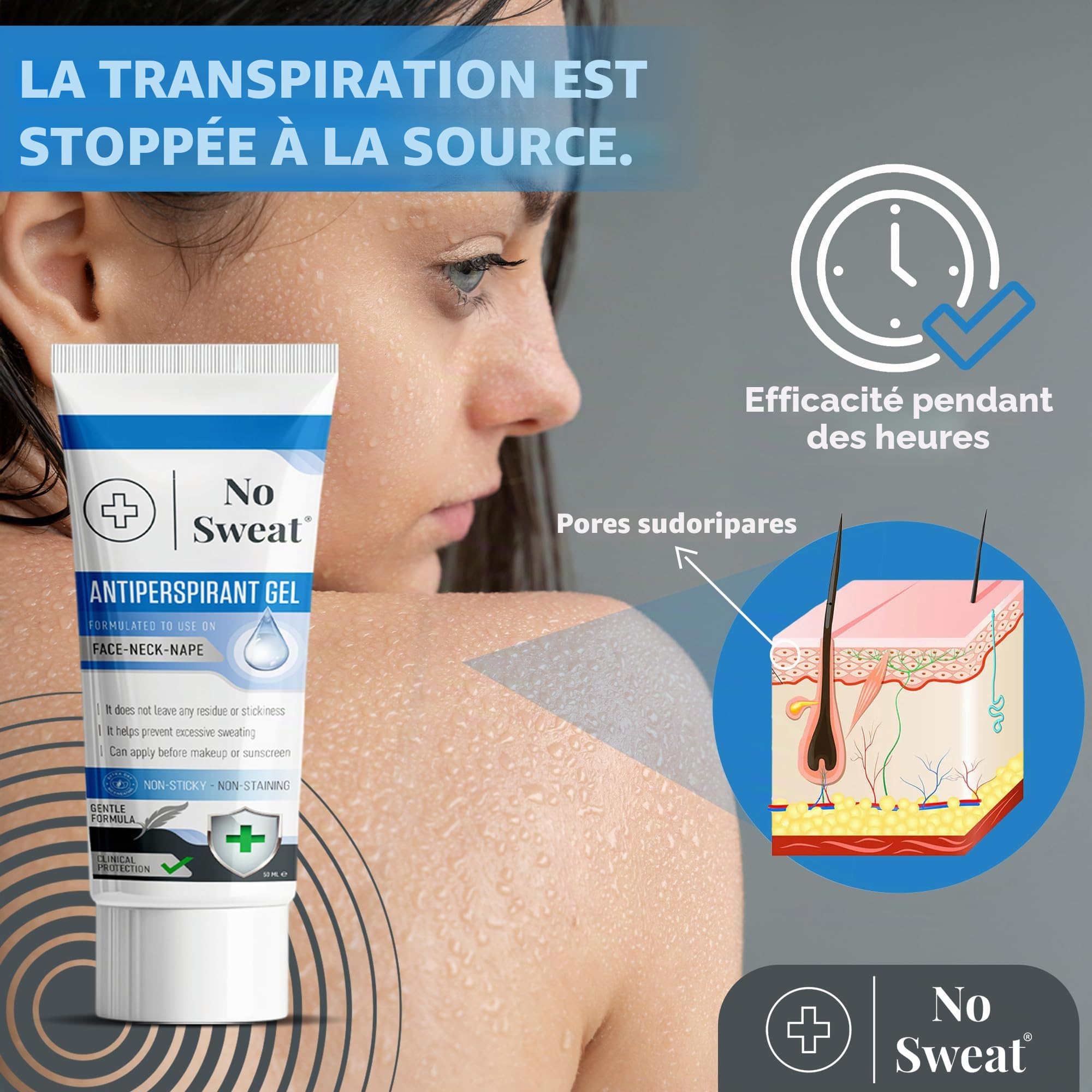 No Sweat Gel Anti-Transpirant 50 ml - Pour le Visage, le Cou et la Nuque - Prévient l'Excès de Transpiration et la Brillance - Idéal pour le Travail Actif