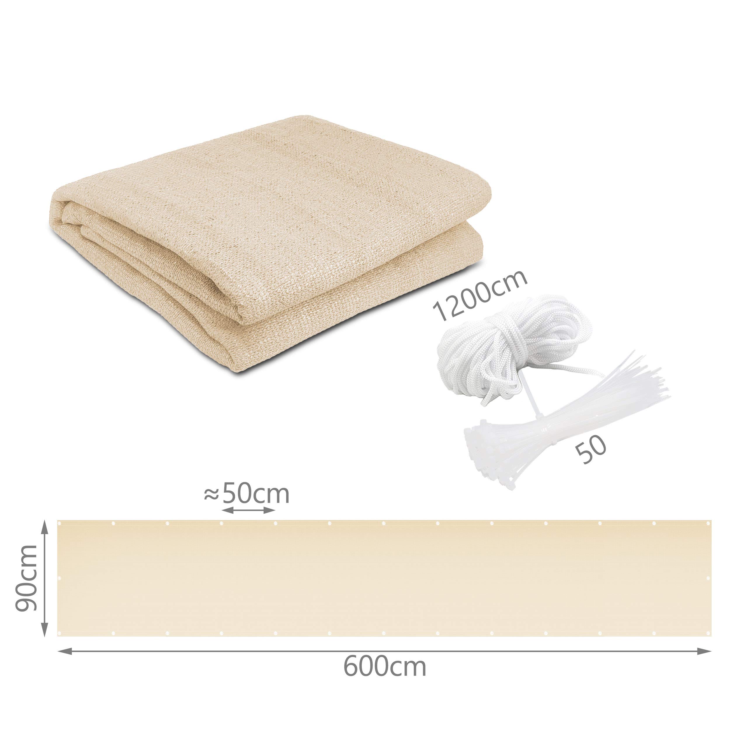 vounot® Brise Vue pour Balcon 100% HDPE 230g/m2 Protection UV Résistant aux Déchirures et au Vent Protection Contre Les Regards avec Attaches de Câble et Cordons 600x90cm Beige