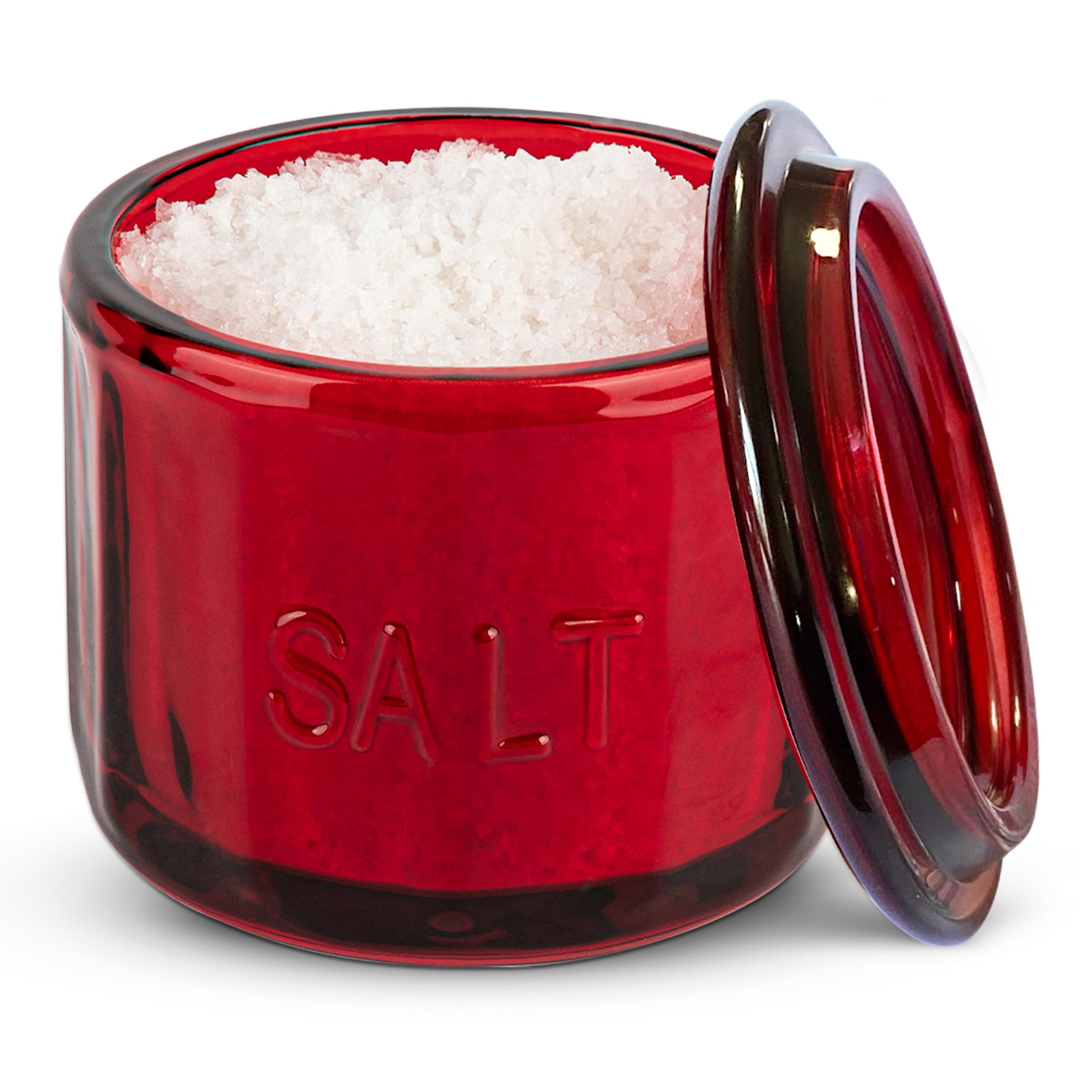 KooK Glass Salt Cellar, with Lid, Embossed Pressed Glass, Clear Storage Container, for Coffee, Sugar, Spices and Candies, 10 oz (Ruby Red)