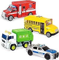 JOYIN 4PCS 7" Toddler Vehicle Toy Set with Lights & Siren Sounds - Police Car, School Bus, Garbage Truck, Ambulance for Boys 3-5