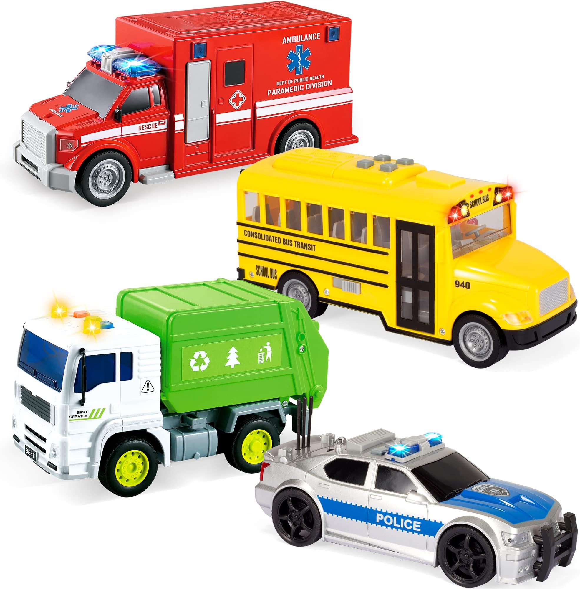 JOYIN 4 Pcs 7" Long Vehicle Toy Set, Toddlers Cars with Lights and Siren Sound, Including Play Police Car, School Bus, Toy Garbage Truck, Ambulance Toy, Birthday Party Gifts Toys for Boys 3-5