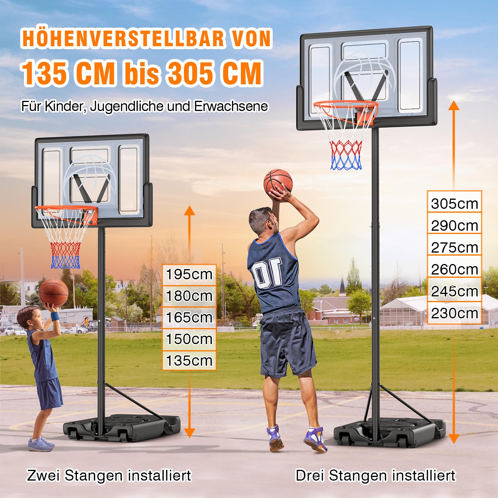 Basketballkorb Outdoor,Basketball Korb 100-305cm Höhenverstellbar,Basketballkörbe mit Ständer, Bruchsichere Rückwand, 2 Wetterfest Netz,für Kinder