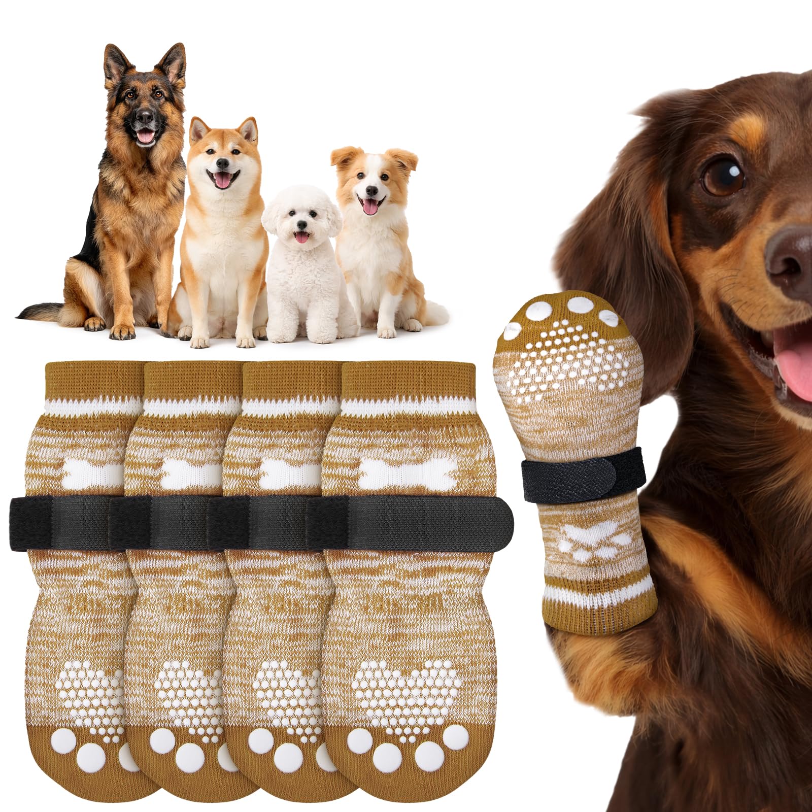 PICK FOR LIFE 2 Pairs Anti Slip Dog Socks with Grips for Injured Paws Durable Dog Socks Paws Stop Licking Scratching, Dog Paw Protectors for Senior Dogs Indoor Hardwood Floor Walking (Brown,XS)