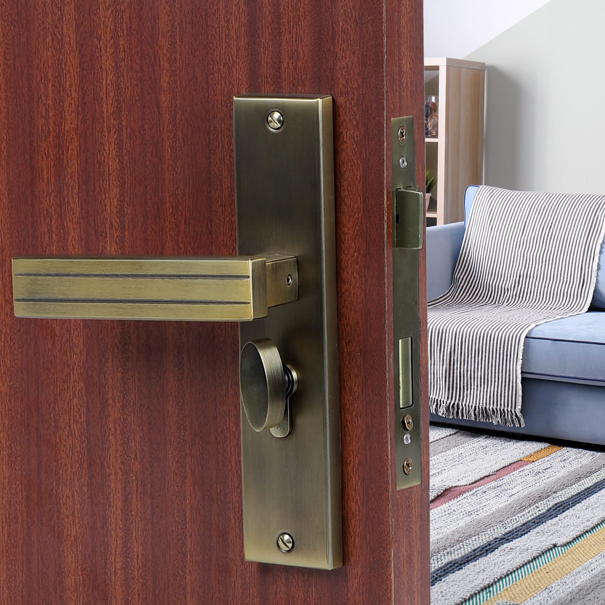 Blue Space Premium 8" Cylindrical Plate Mortise Door Lock Handle Set/Mortise Lock with Brass Lock Body and One Side Key 60mm Brass Cylinder Set with 3 Brass Computer Keys (ALTROZ, Antique)