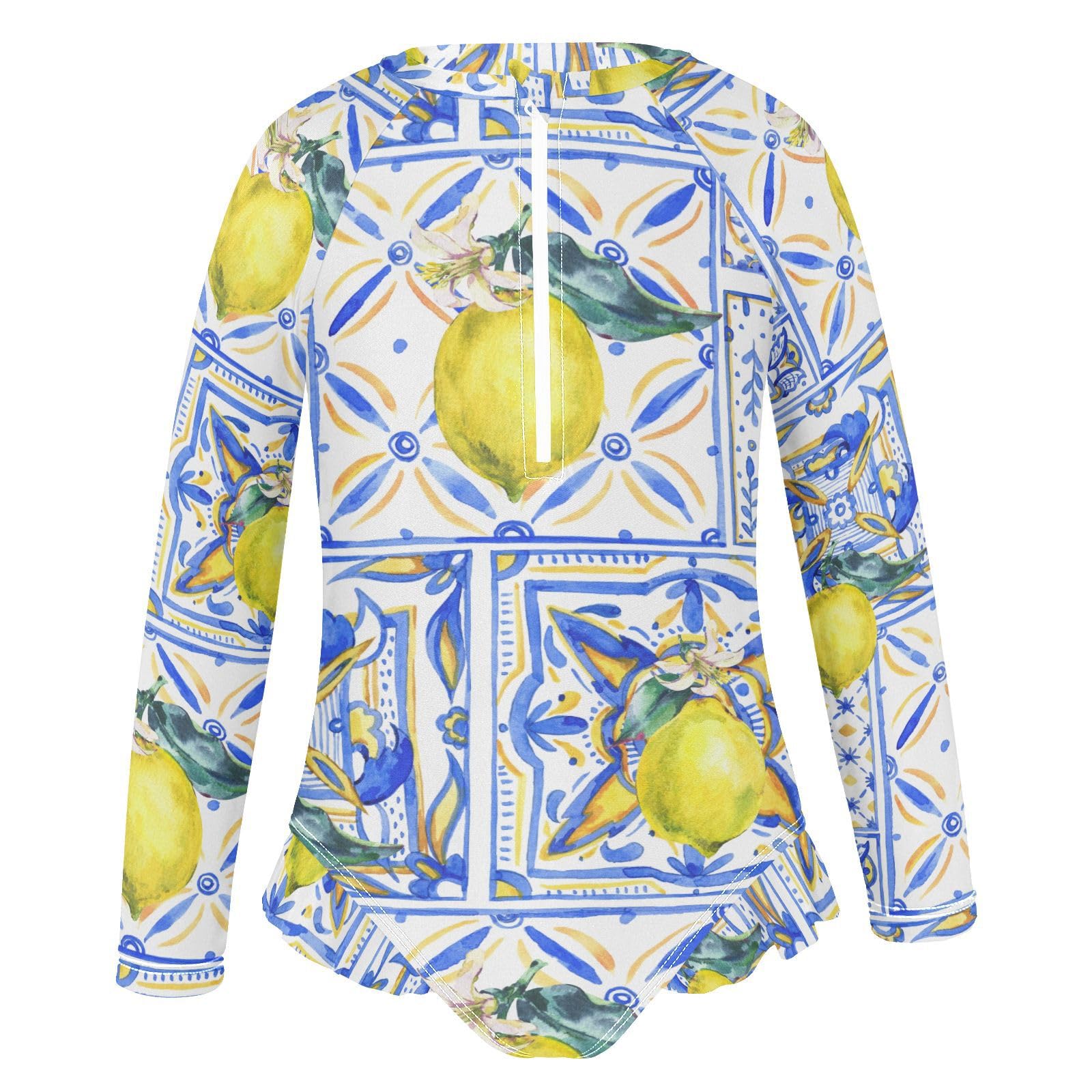 Ollabaky Baby Girls Long Sleeve Swimsuit Watercolor Lemon Yellow and Blue Print One Piece Bathing Suit Rash Guard UPF50+ Toddler Girl Swimwear, 3T