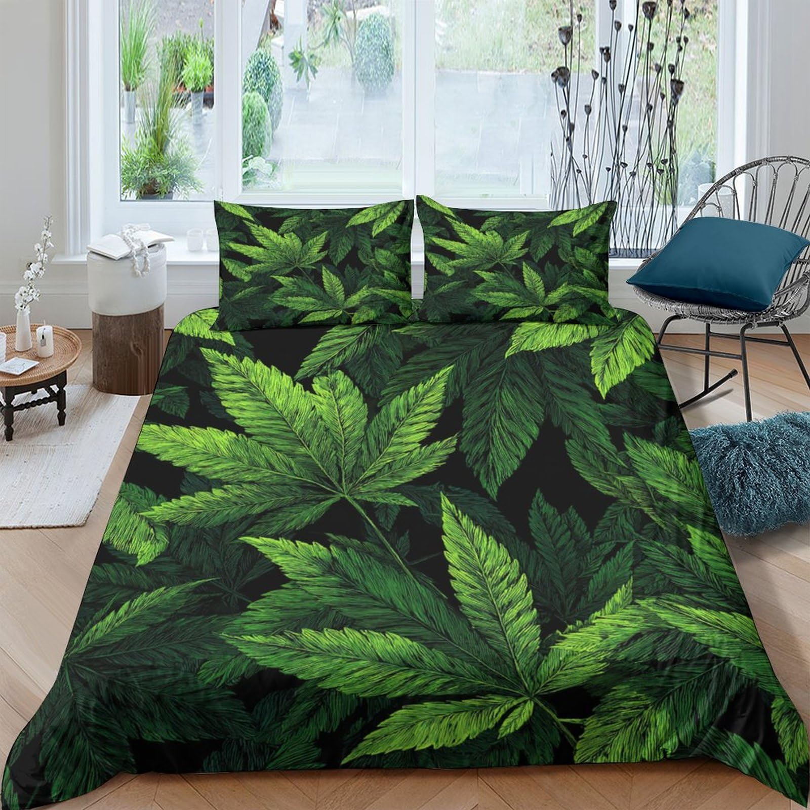 Ctjqhvkz Style-1 3D Printed Green Leaf Fitted Sheet Microfiber Anti-Slip Machine Washable Botanical Bed Cover For Bedroom Guest Room Decor Single（135X200cm）