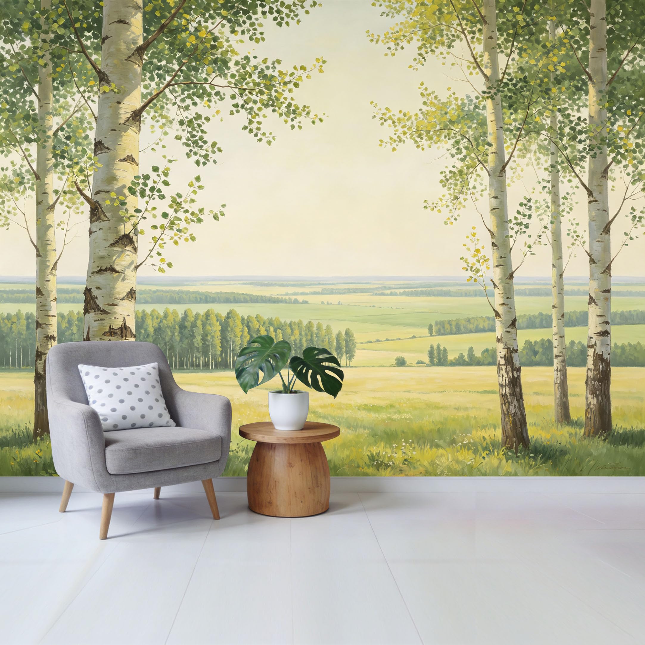 Qzlithotic Yq2605250832 Custom Size Wall Mural Birch Tree Forest Landscape Oil Painting Style Scenic View Selfadhesive Wall Fabric Removable Wallpaper For Home Office Decor
