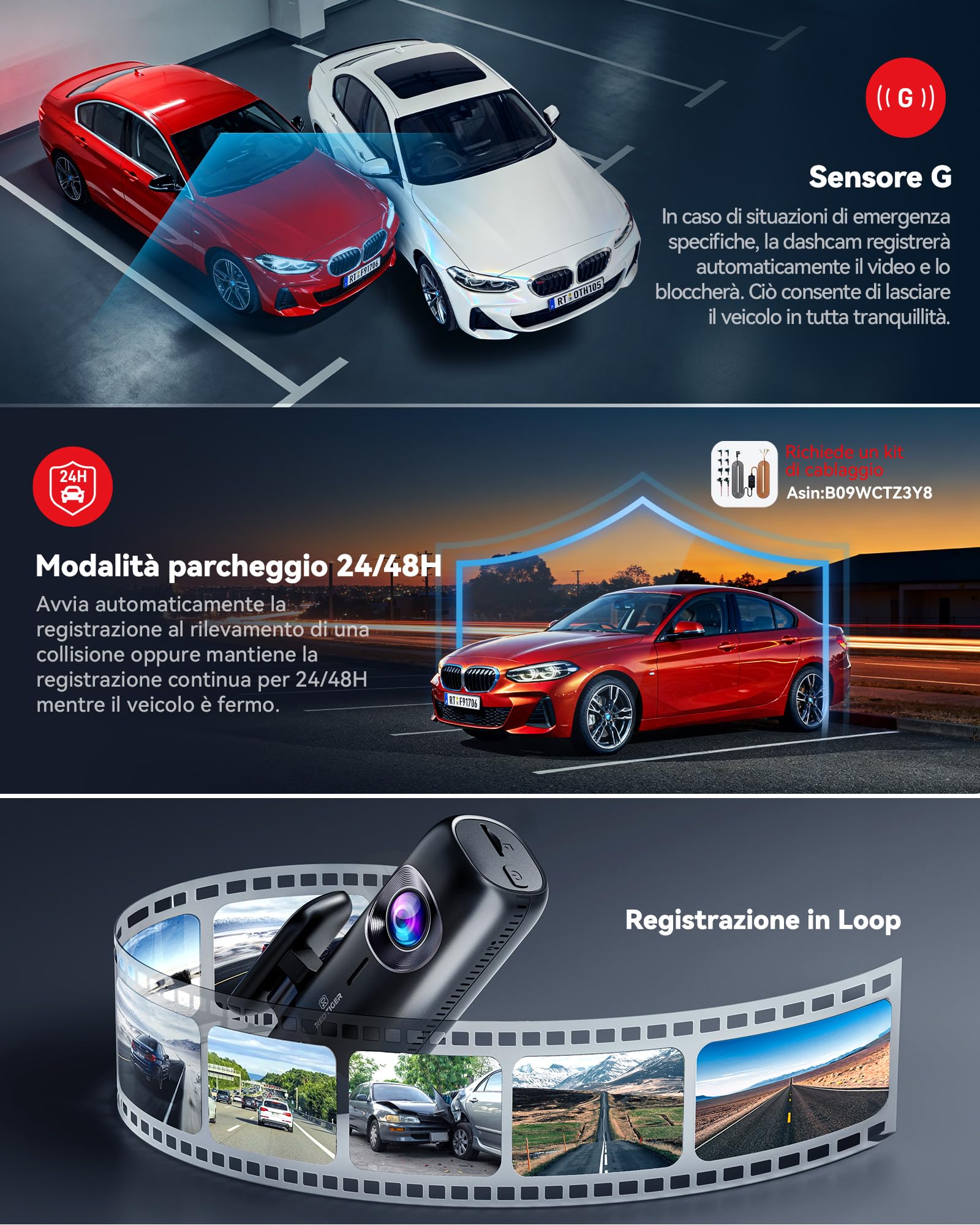 REDTIGER Dash Cam Auto 4K + 1080P, Anteriore e Posteriore, Dashcam Auto con WiFi e GPS, Registrazione in Loop, Modalità Parcheggio, Controllo APP,Supporto Massimo 256 GB(F9)