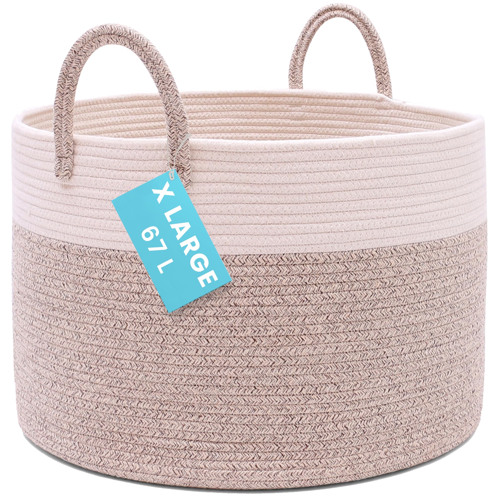Organihaus Off-White / Brown Extra Large Rope Toy Basket For Kids Storage, 67L Woven Rope Laundry Bin For Blankets, Dog Toys, Clothes - Bedroom, Bathroom And Living Room Hamper, 50X30cm, Brown/Off-White