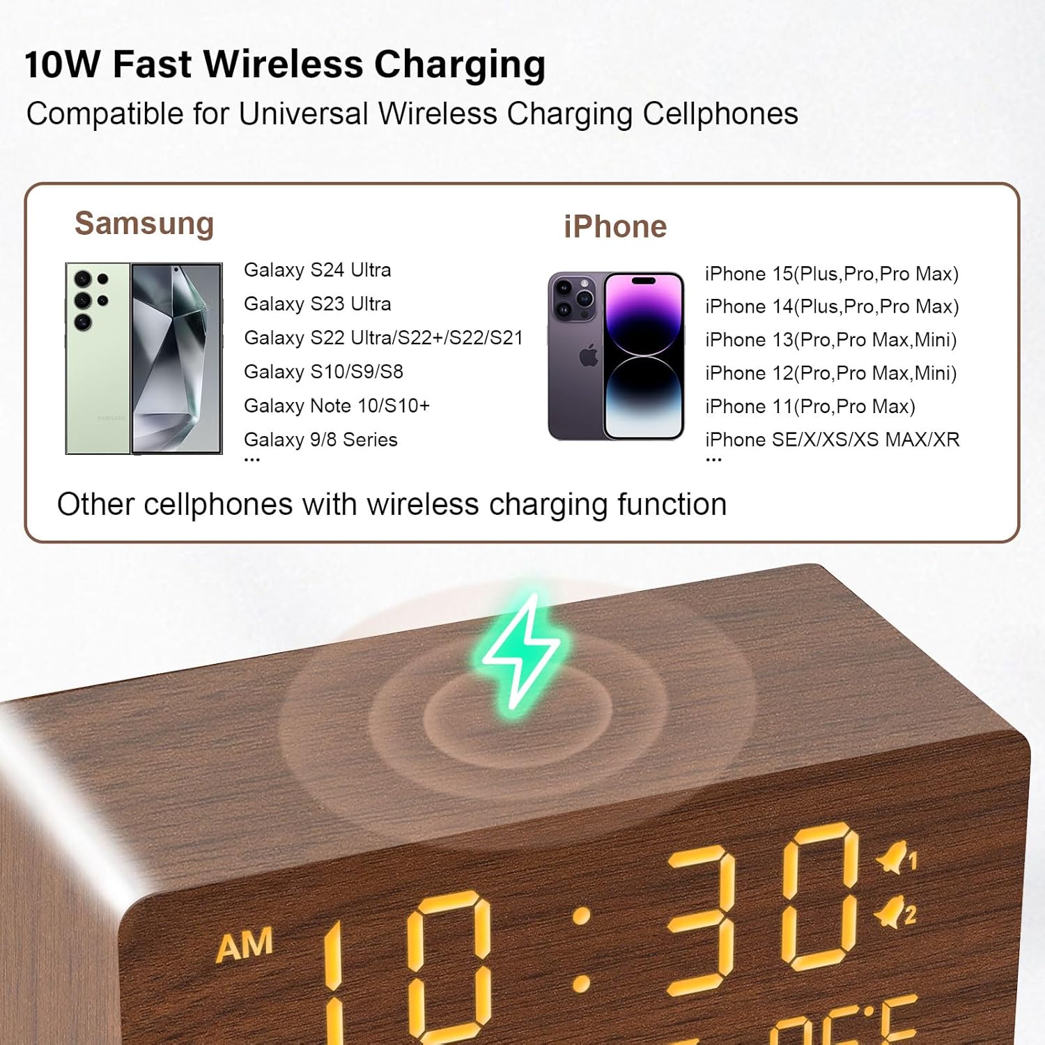 Andoolex Wooden Digital Alarm Clock with Wireless Charging, 0-100% Adjustable Brightness Dimmer and Alarm Volume, Weekday/Weekend Mode, Dual Alarm, Snooze, 12/24H, Wood LED Clock for Bedroom (Brown)