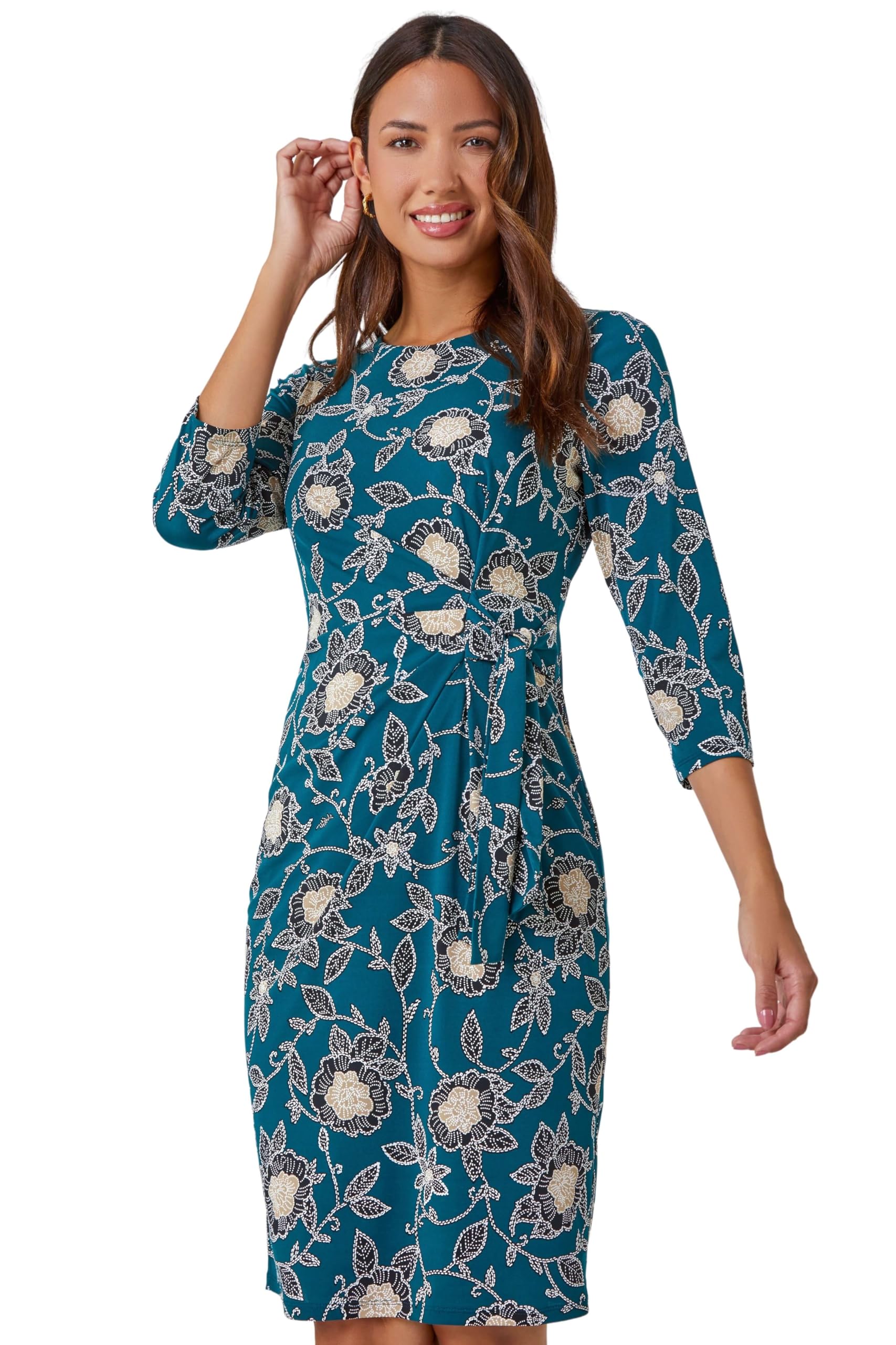 Roman Women's Floral Print Ruched Stretch Midi Dress - Teal - Size 20