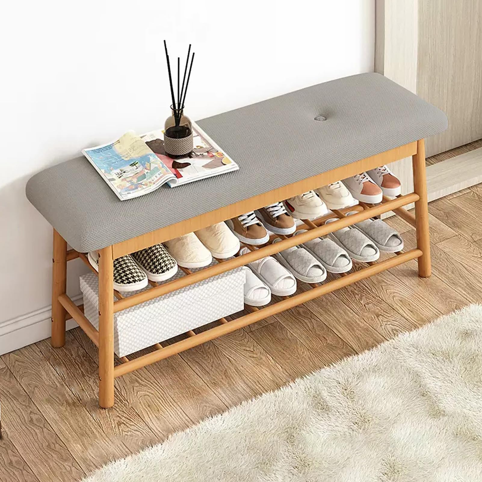 GHFXSCV Farmhouse Wood Shoe Storage Bench with Padded Seat 3-Tier Bamboo Shoe Rack nizer for Entryway Slim Cabinet for Hallway and Mudroom Storage
