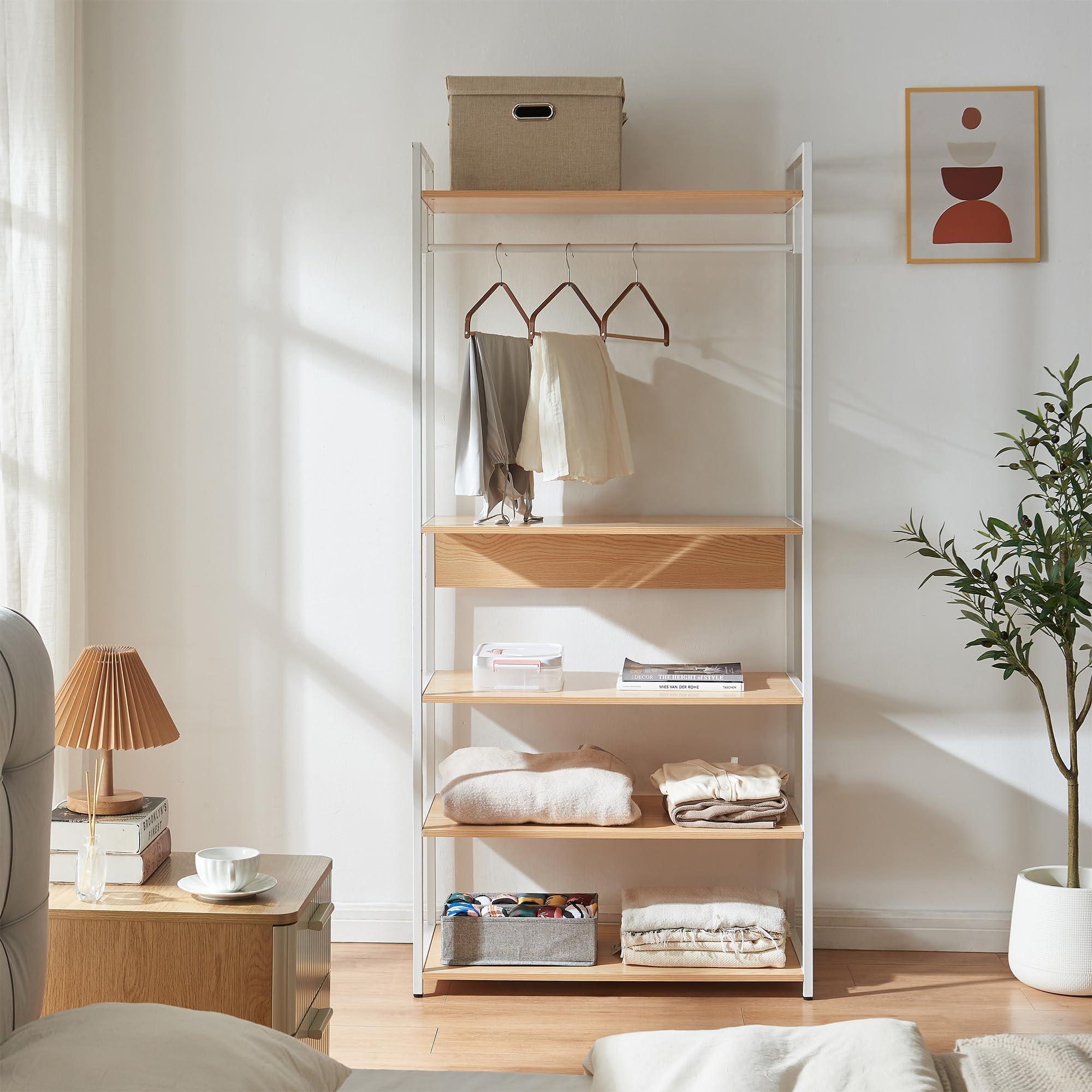 [en.casa] Organizzatore Guardaroba Stand Porta Abiti con Barra Appendiabiti e Ripiani Mobile Porta Vestiti per Cabina Armadio 180x80x40 cm Bianco/Effetto Rovere