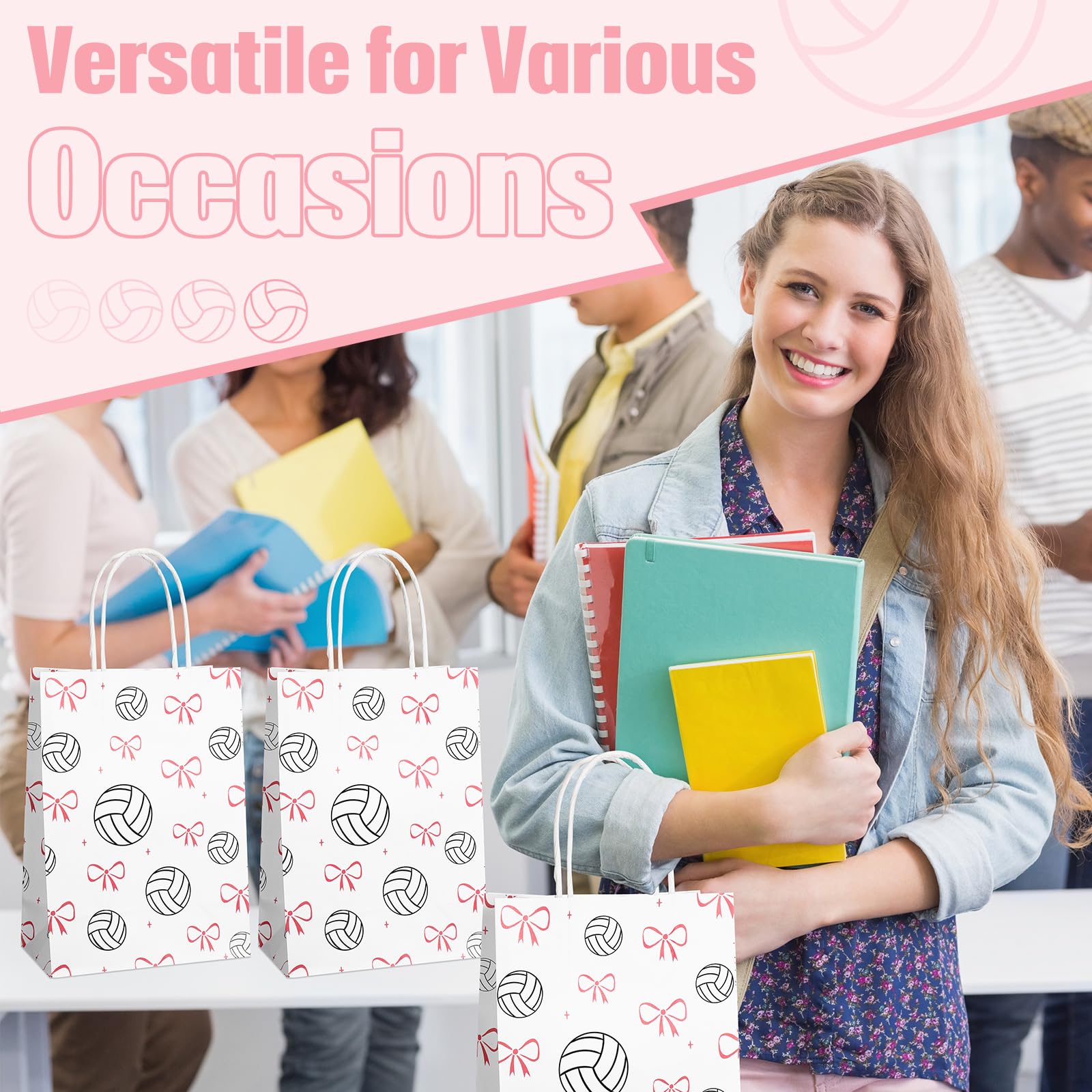 Spiareal 24 Pcs Volleyball Paper Gift Bags with Handles, Volleyball Party Favors Snack Goodies Pink Bow Bags for Team Sport Birthday Themed Party for Decorations, Game Celebration