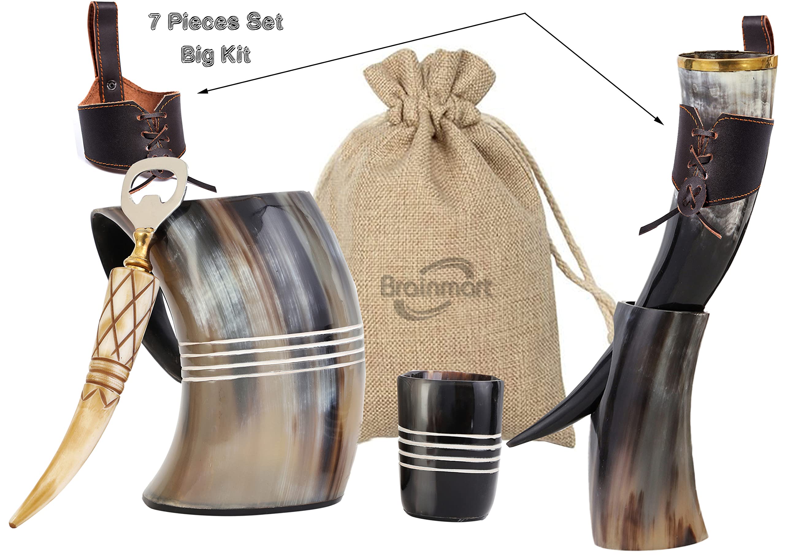 Viking Drinking Horns Tankards 7 Pcs Big Kit Large Mug, Brass Border Drinking Horn with Stand, Belt Holster, Bottle Opener, Shot Glass, Jute Bag |Best For Beer Mead Wine Ale Cold & Hot Liquid