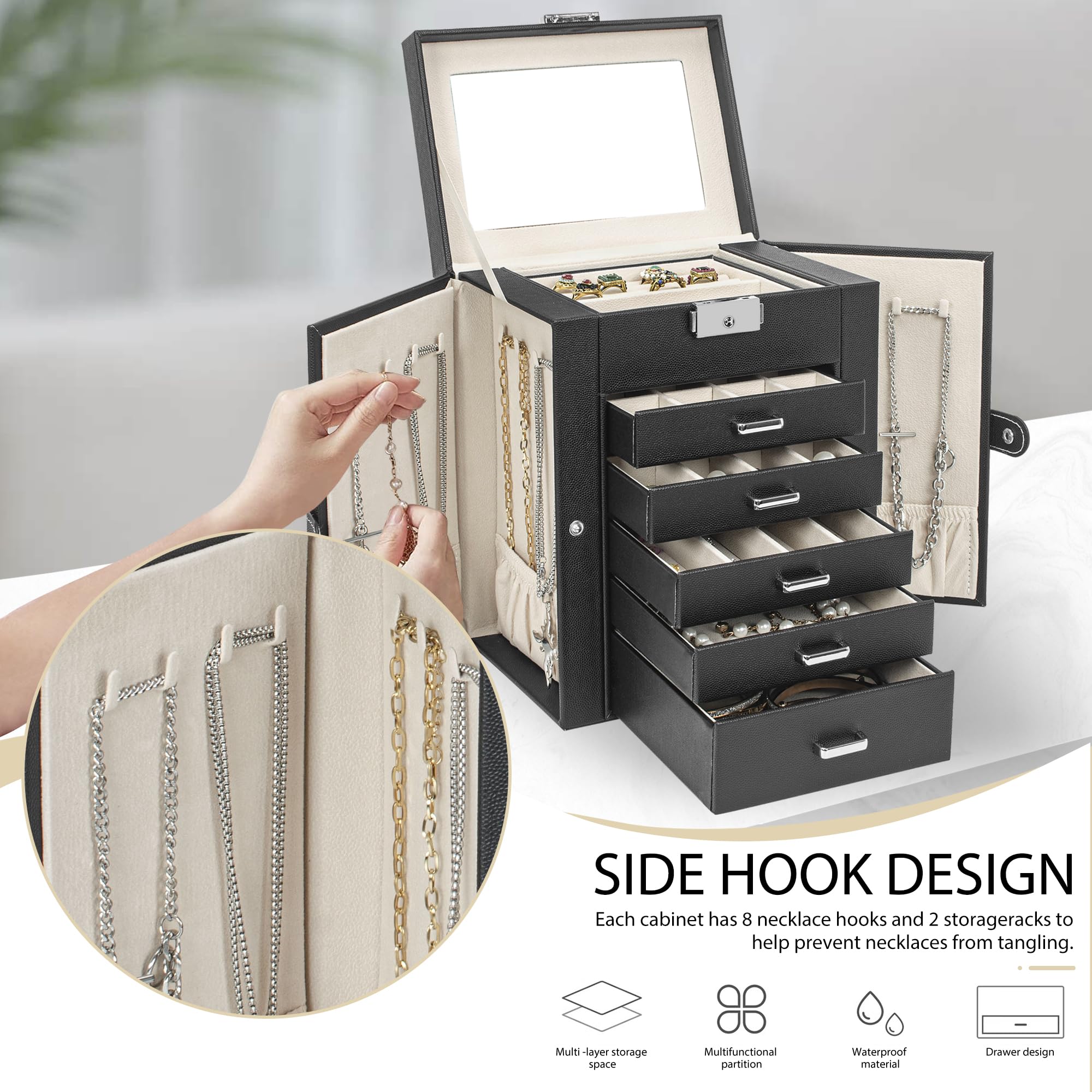 AKOZLIN 6 Layer Jewelry Box Lockable, Leather Jewelry Storage Case with ...