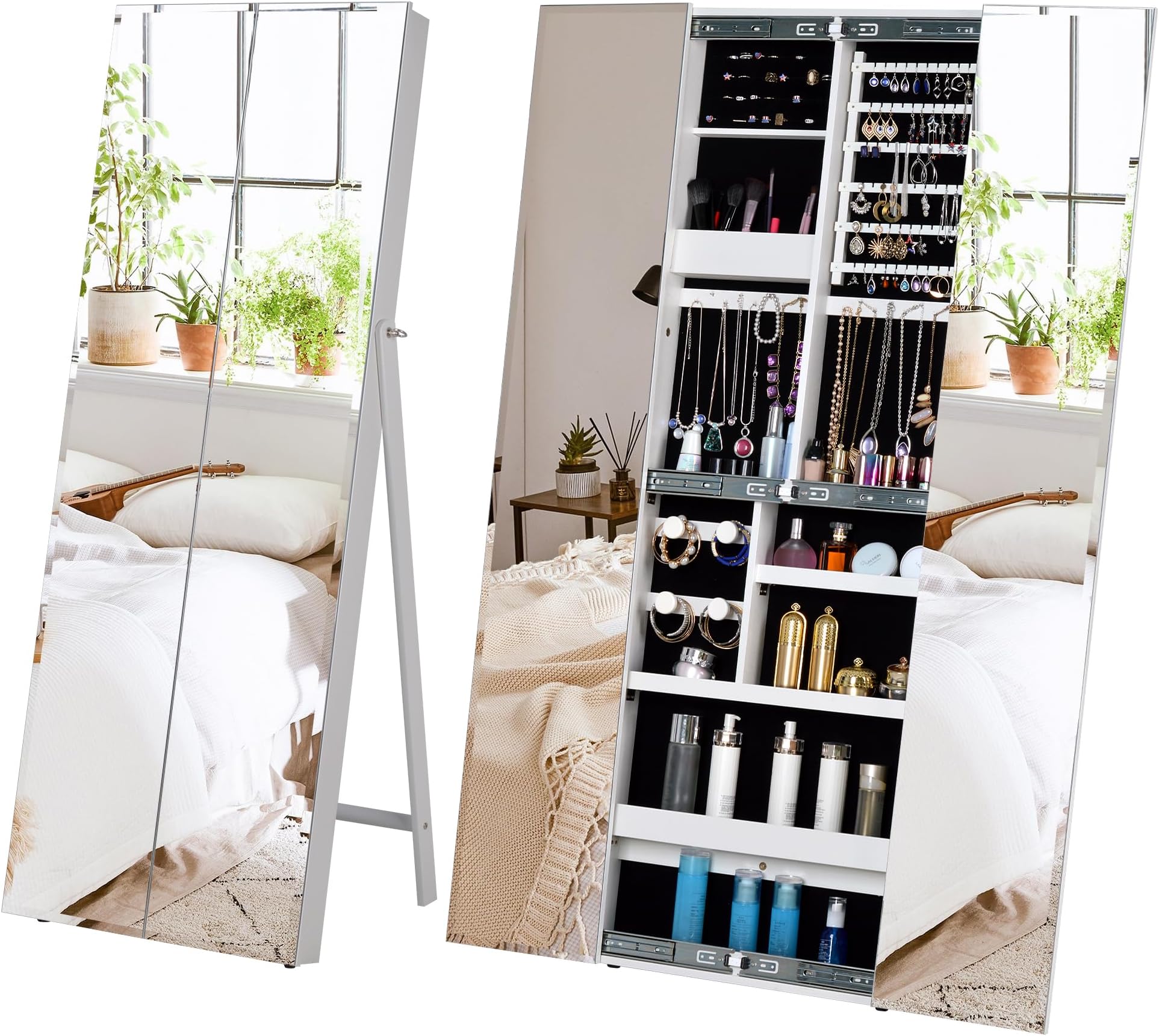 BOSTANABOSTANA Jewelry Armoire Organizer W/Dual-Sliding Door Jewelry Cabinet,Standing Anti-trpinig Leaning Full Length Mirror,Body Mirror with Jewelry Display For Girls,Women, Decoration,Gift