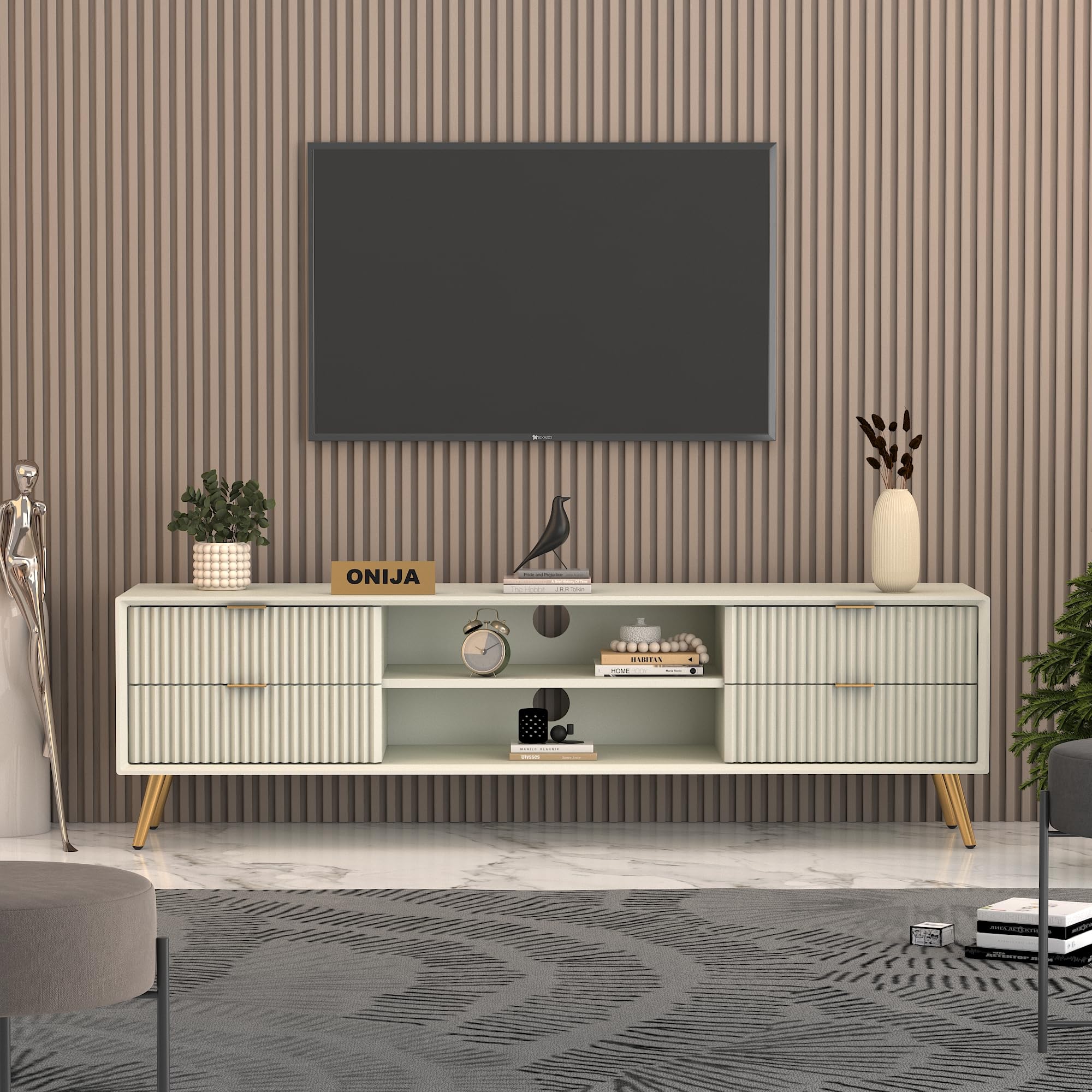 ONIJA Modern Engineered Wood TV Entertainment Unit for Living Room | Fluted TV Cabinet with Storage Drawers & Open Shelves-image-24