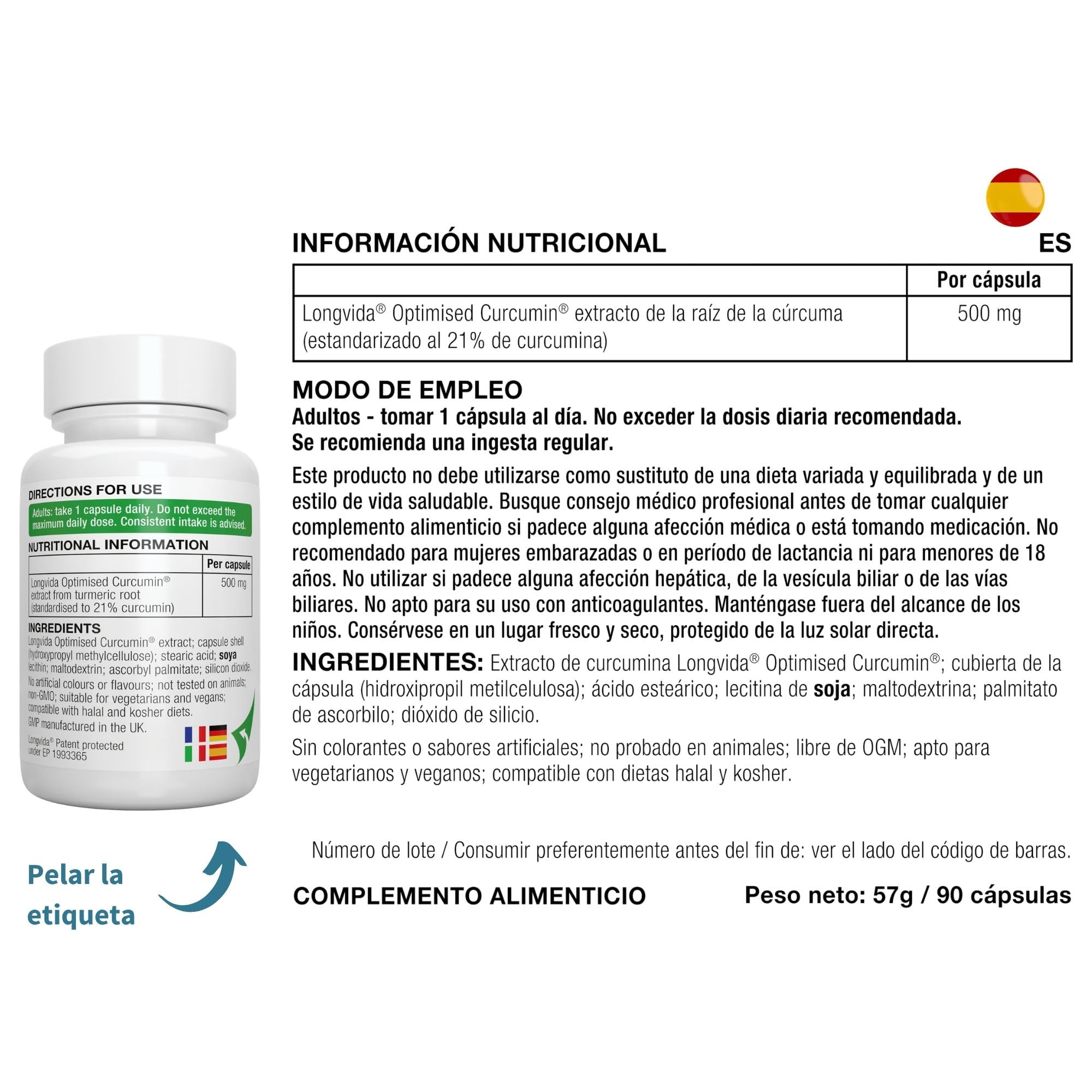 Igennus Longvida Curcumina Optimizada 500 mg, Dosis Alta y Biodisponibilidad 285 veces Mayor, Rápida Absorción con Acción Sostenida, Vegano, 30 Cápsulas