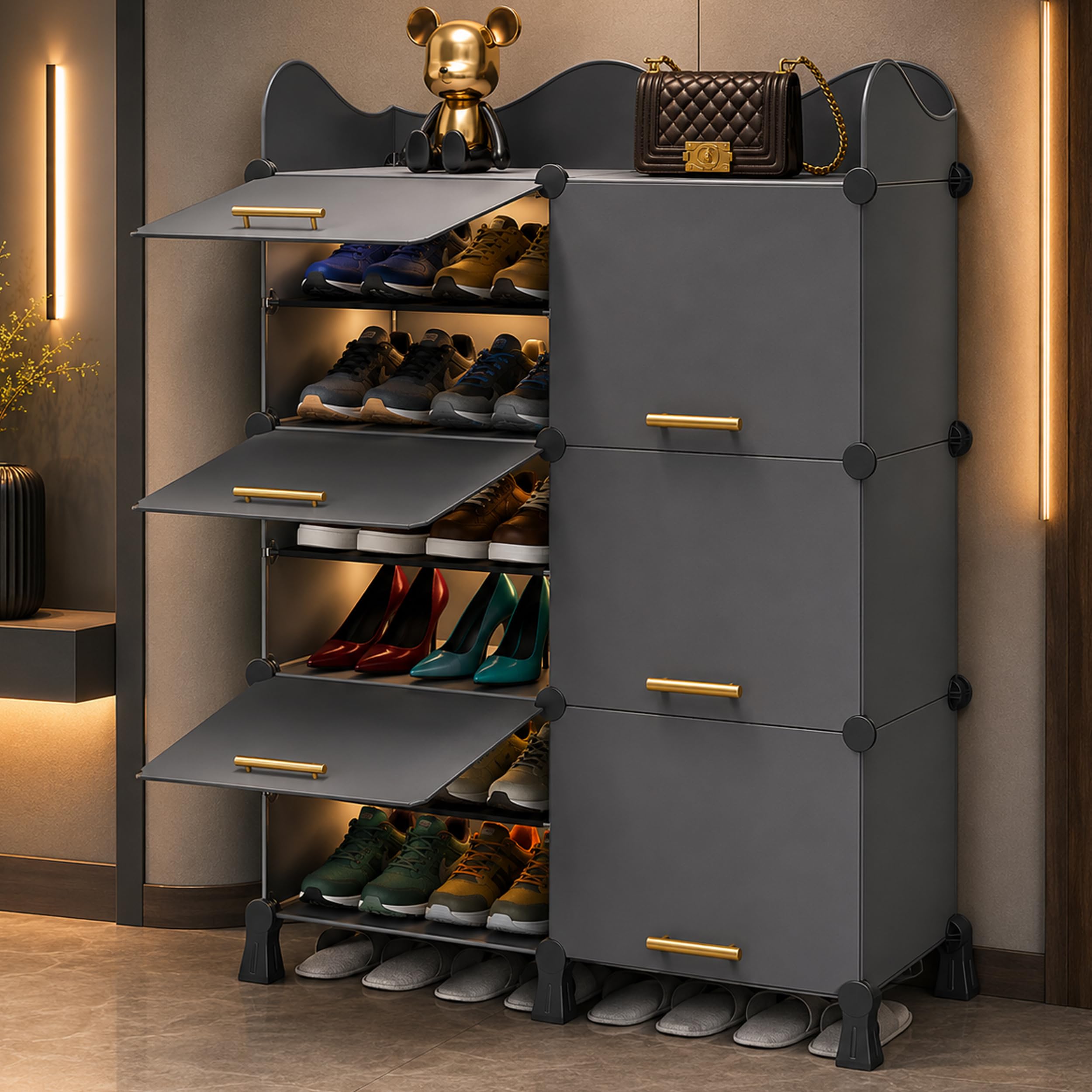 AYSIS Premium Foldable Plastic Shoe Rack for Home, 𝟔 𝐃𝐨𝐨𝐫 𝟏𝟐 𝐒𝐡𝐞𝐥𝐟 Shoe Cabinet, Dustproof & Waterproof Organizer, Portable Space Saving Storage for Entryway, Bedroom & Living Room, Grey