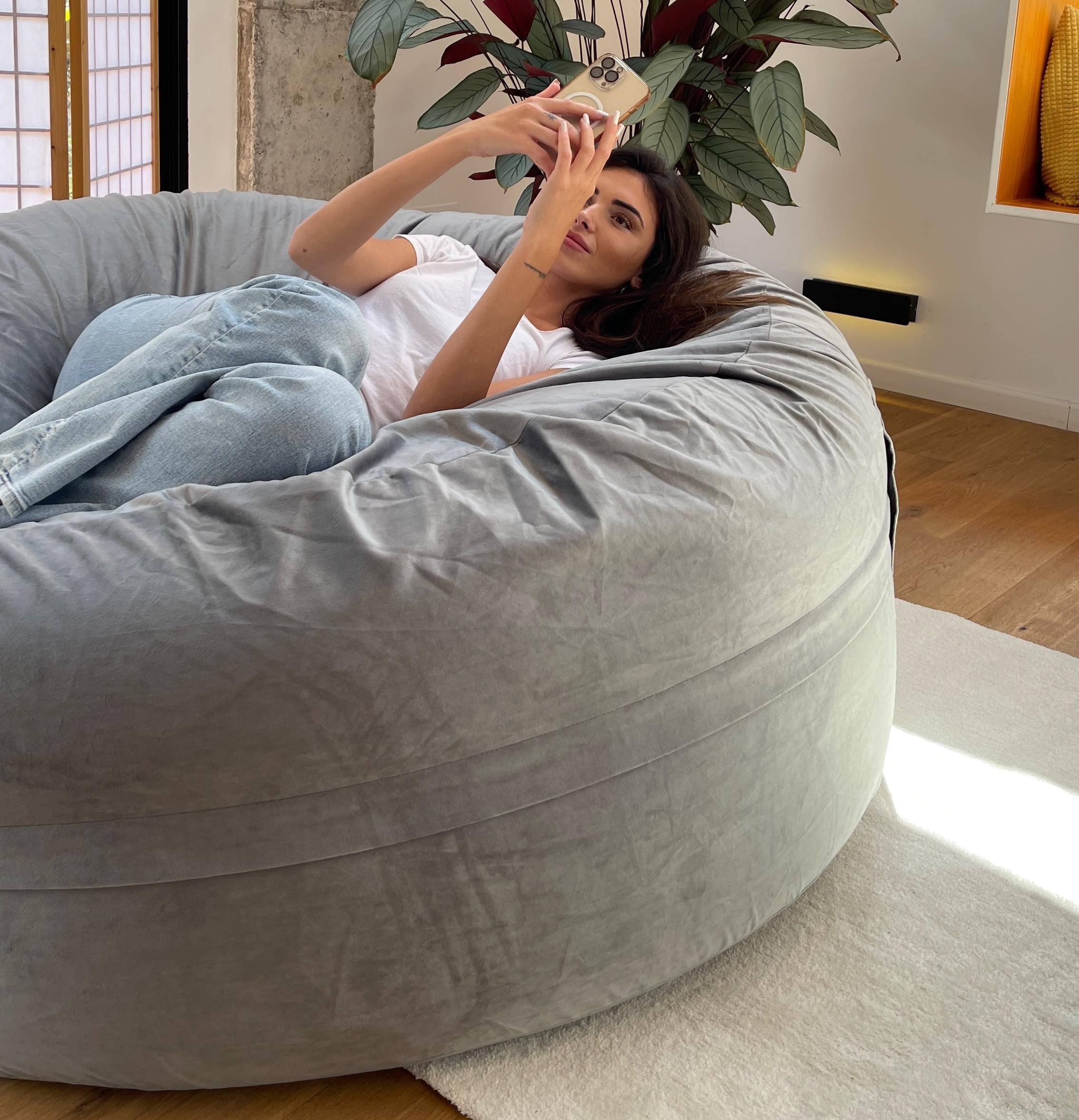 Aiire Puff Gigante de Terciopelo 150x65 cm - Modelos de Puf Salon XXL con Relleno Incluido para Gamer o Decoracion Habitacion Adolescente - Bean Bag Chair o Puffs de Suelo Grandes Gris