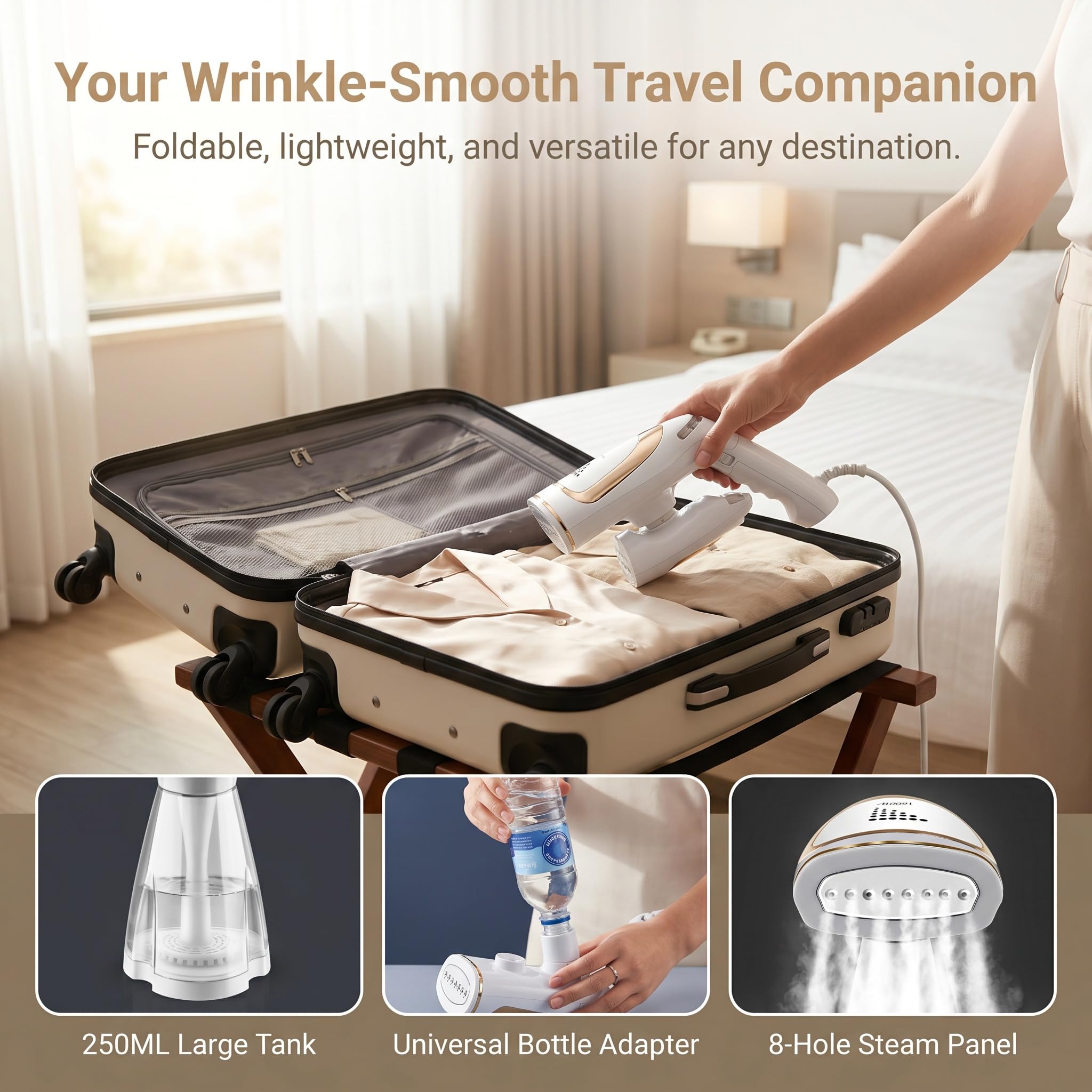 Vaporizador De Ropa Portátil De 1600 W - Plancha De Ropa Portátil con Depósito De Agua De 250 Ml, Calentamiento Rápido, Eliminador De Arrugas para Viajes, Hogar Y Oficina.