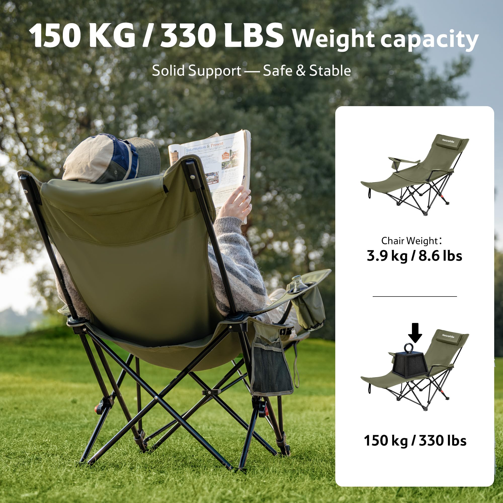 Naturehike Sedia da campeggio pieghevole 2 in 1, 150 kg, con poggiapiedi, sedia da spiaggia con schienale regolabile in 3 posizioni, sedia da pesca con portabicchieri, per esterni, spiaggia, pesca