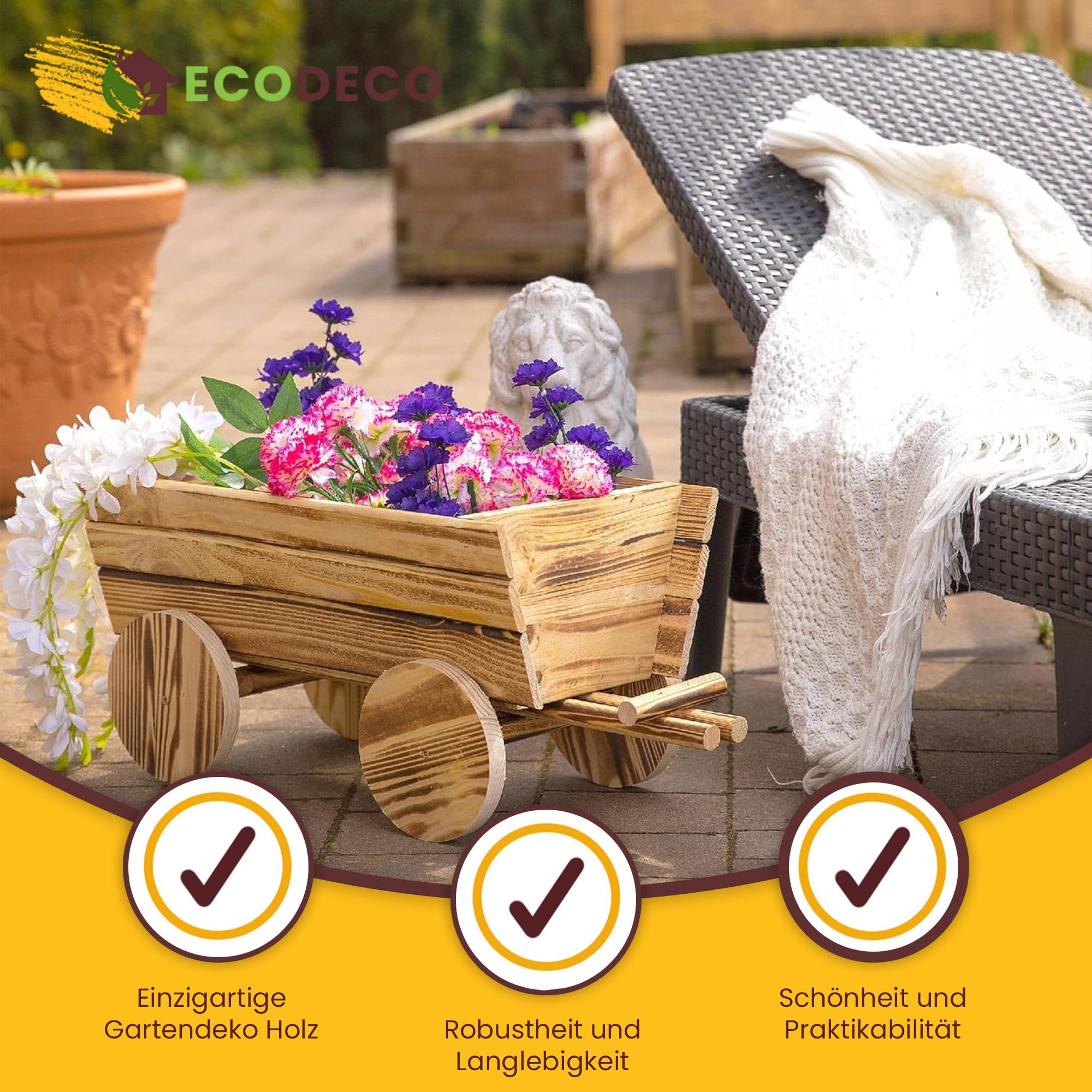 ECODECO Bollerwagen Holz Blumenständer für Draußen | Vintage Deko Garten Blumentopf Holz Outdoor Blumenwagen | Holzdeko Garten Blumenständer Balkon
