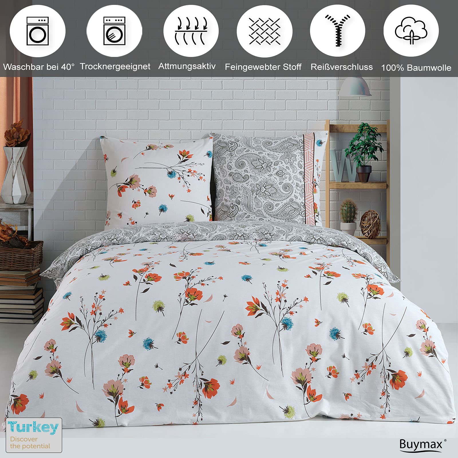 Buymax® Copripiumino Singolo 135x200 cm in 100% Cotone – Set 2 Pezzi con 1 Federa 80x80 cm – Tessuto Renforcé, Certificato OEKO-TEX, Chiusura con Cerniera