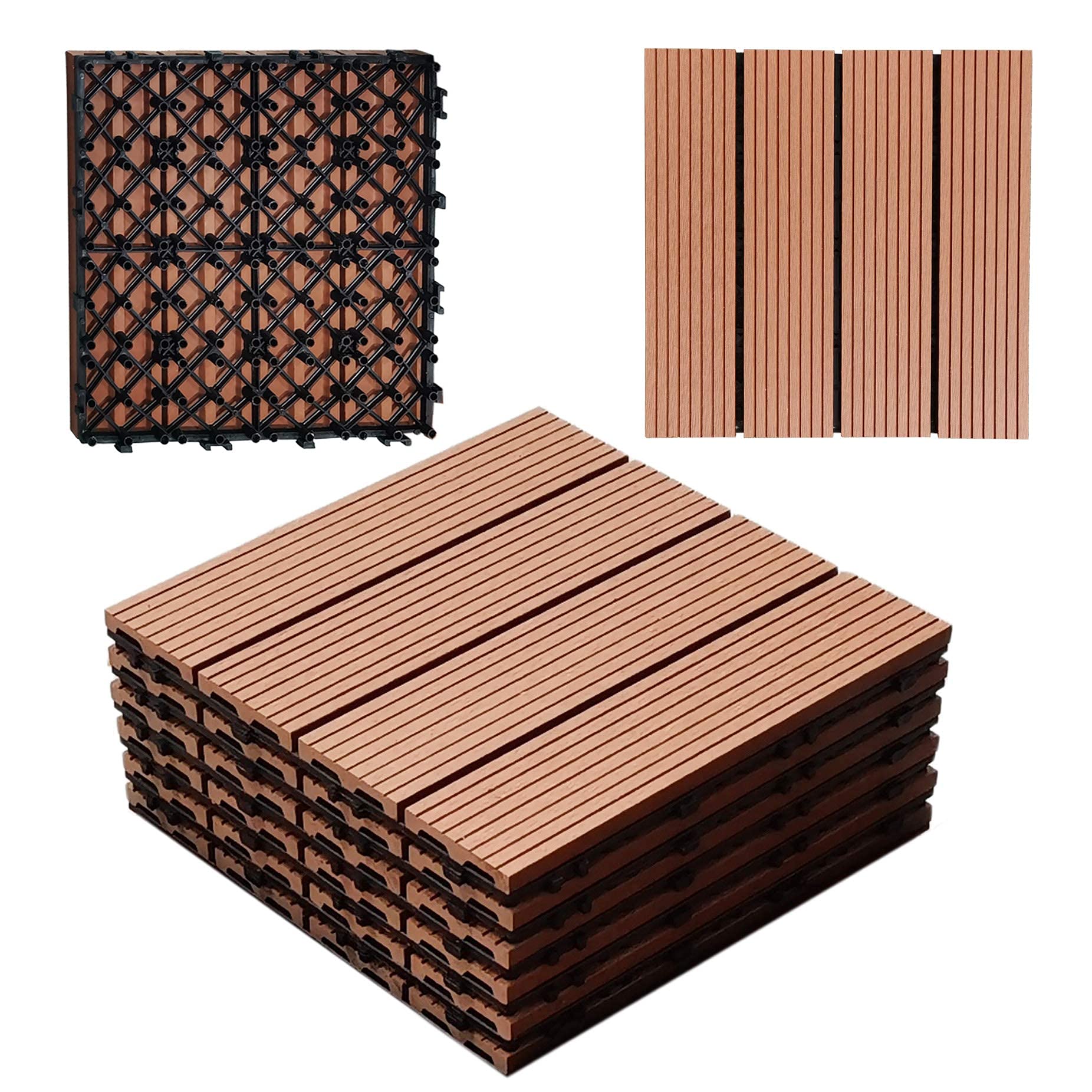 Kaerott 6 Pack Interlocking Deck Tiles 12" x 12" Wood Plastic Composites Material Durable for Front Porch, Terrace, Balcony, Gazebo (6, Red-Brown)