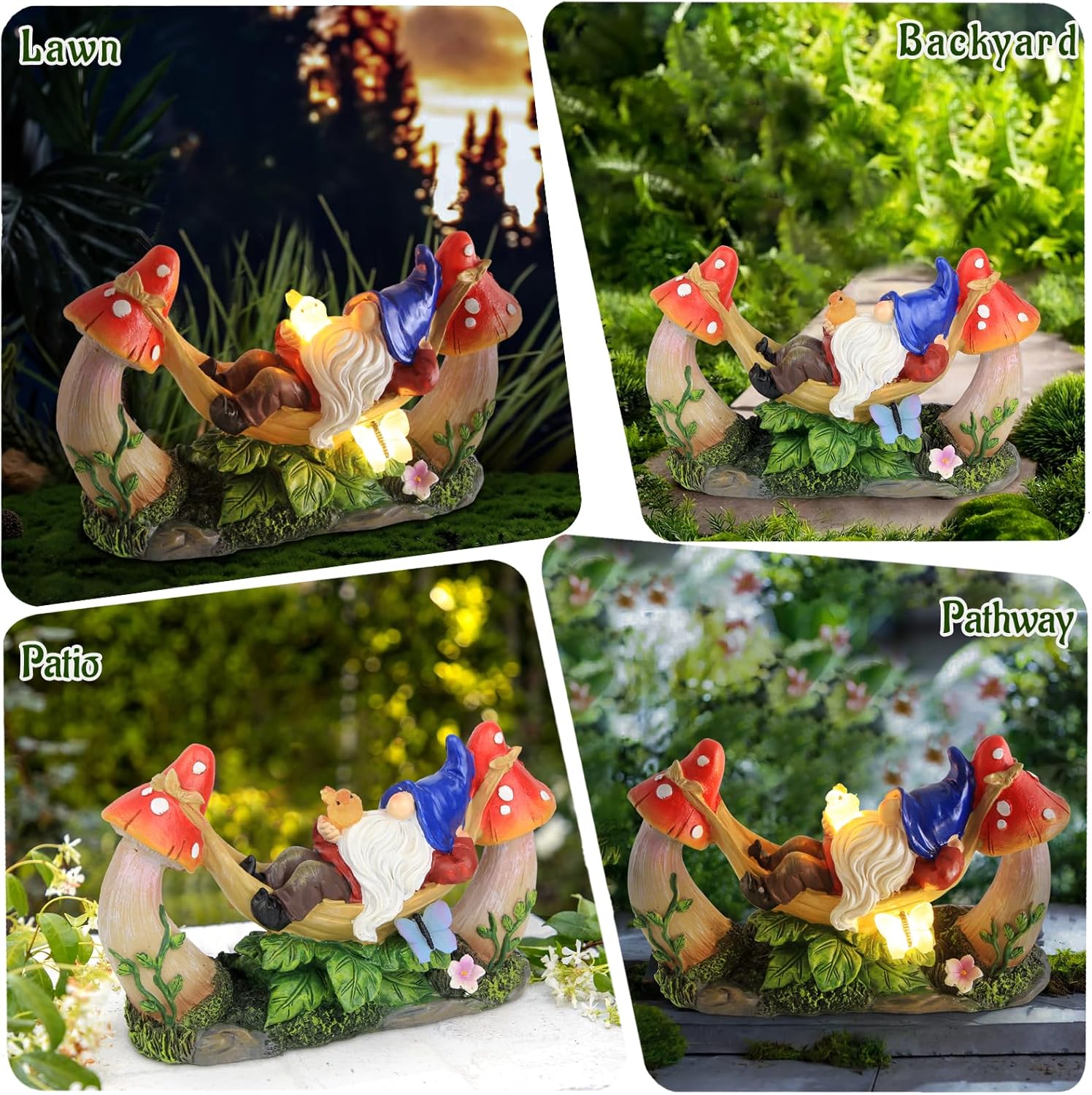 Outdoor Garden Gnome Statue,Solar Gnomes Figurine Lying on Hammock with Bird and Mushrooms,Outdoor Garden Decoration for Patio Yard Lawn Porch,Gifts for Mom/Grandma/Women