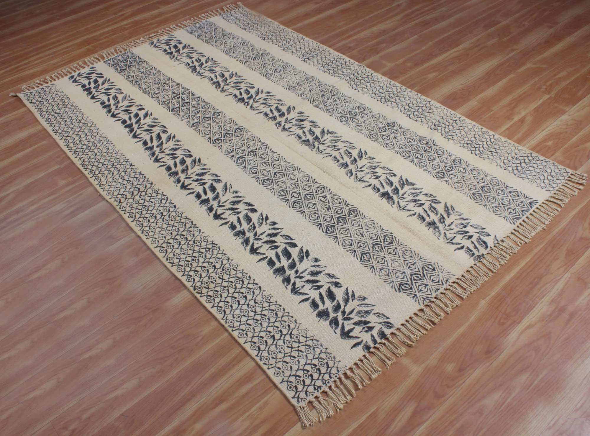 Tappeto da bagno bohémien per camera da letto Kilim in cotone Dhurrie Bohemian Kilim Flat Weave Beige & Black Area Tappeto decorativo facile lavabile Nappa Tappeto 180 x 180 cm