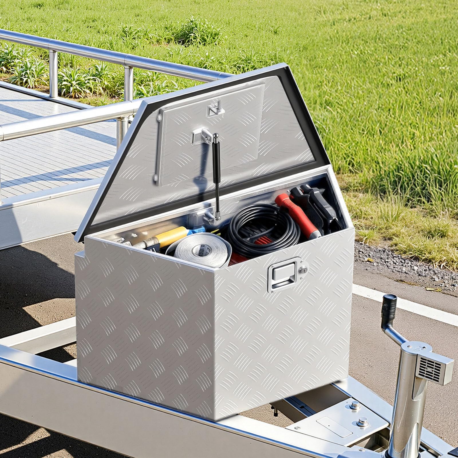 VEVOR Deichselbox Truckbox 737 x 410 x 457 mm aus Aluminium, 50 kg Belastbare Werkzeugaufbewahrungsbox mit Schloss & Schlüsseln, Anhängerbox für Pickup-Ladeflächen Wohnmobile SUVs Geländewagen, Silber