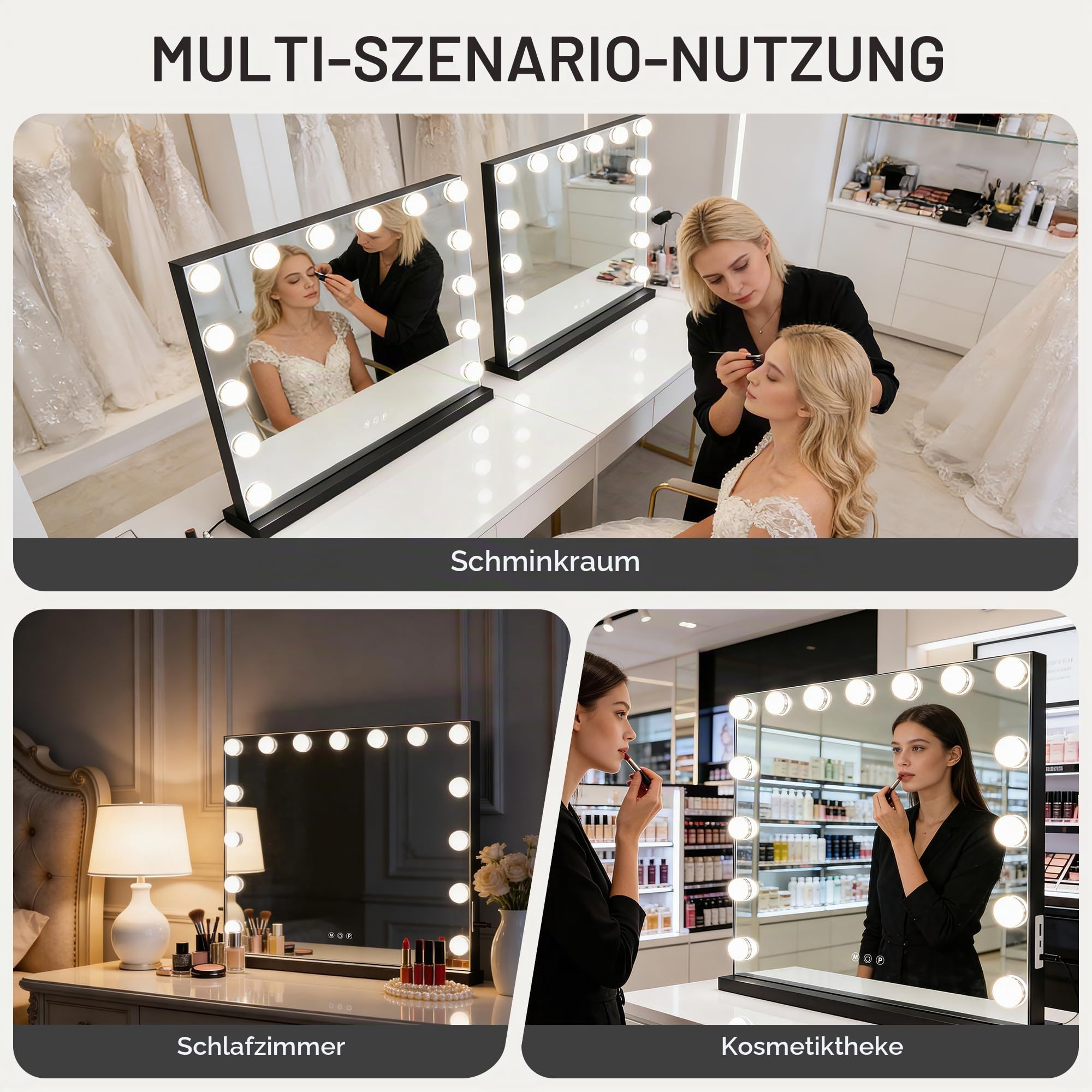 Hollywood Schminkspiegel mit Beleuchtung,Schminkspiegel mit 3 Farbmodi,Dimmbar Kosmetikspiegel mit beleuchtung,USB und 10X Vergrößerung für Tischspiegel, Geschenk zum Muttertag, 58x46cm-15LED