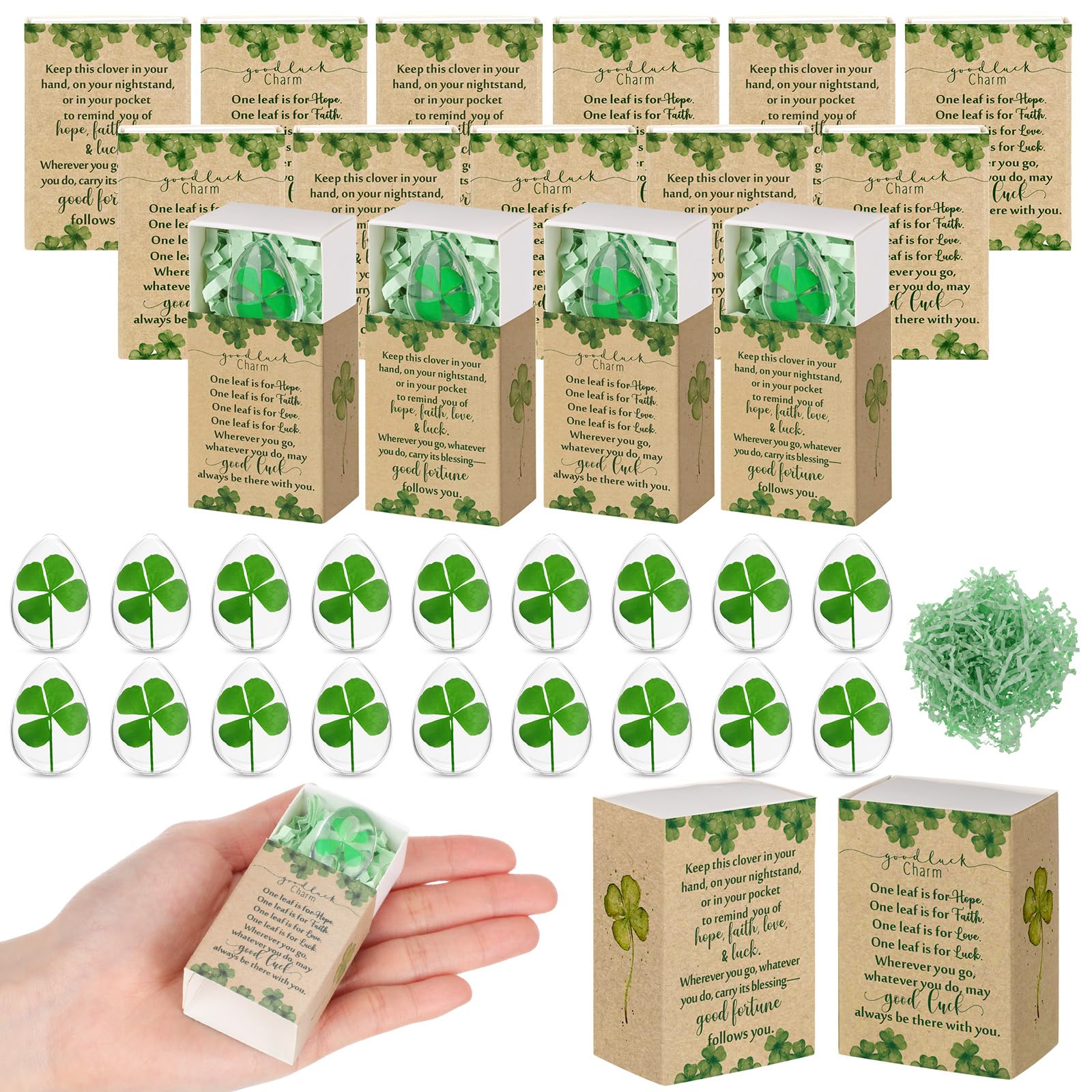 Bucherry 30 Set St. Patrick's Day Gift Bulk Four Leaf Clover Glass Token Charms with Greeting Boxes Ireland Irish Day Lucky Clover Gifts for Friends Coworkers Employee Office Party Favors (Teardrop)