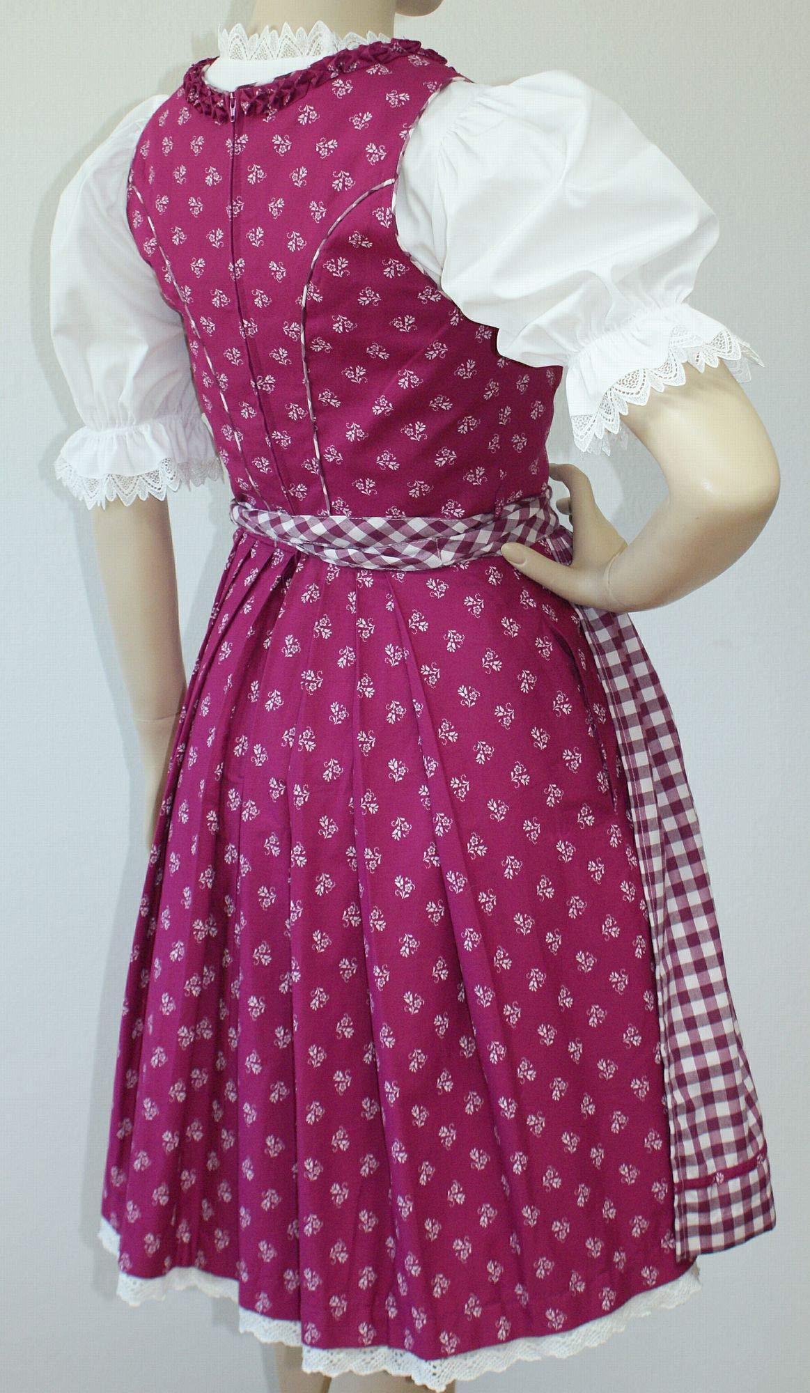 Hammerschmid Dirndl Kleid Trachtenkleid Balkonett Dirndlkleid Baumwolle Spitzen Brust-Schnürung Baumwolldirndl pink Fuchsia waschbar Streublumen mit Karo-Schürze pflegeleicht