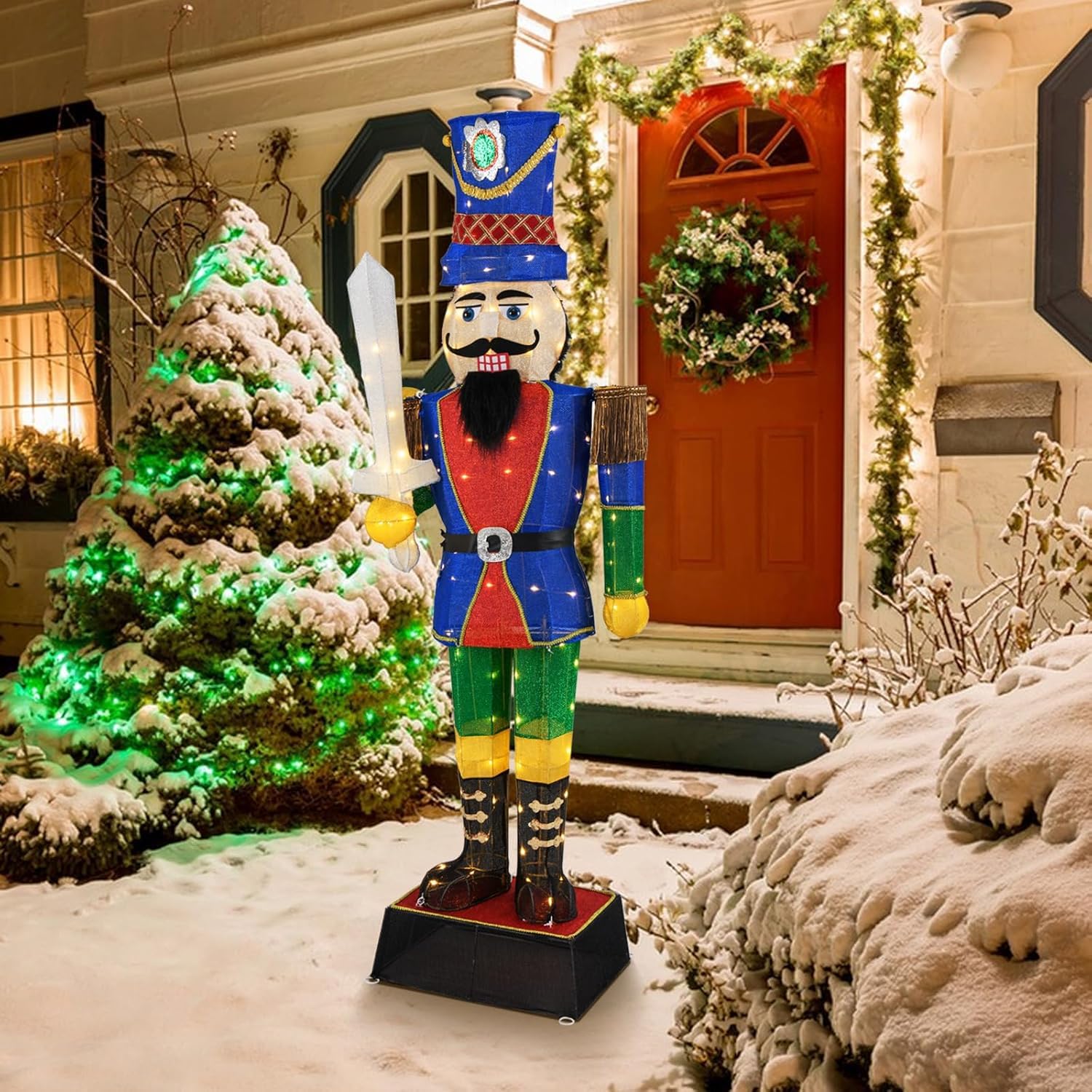 GOPLUS Weihnachten Nussknacker Figur groß, beleuchtete Weihnachtsdeko XXL, 184 cm Weihnachtsfigur mit LED-Lichtern, Weihnachtsdekoration Nussknacker mit Schwert, Weihnachtsbeleuchtung für innen, außen
