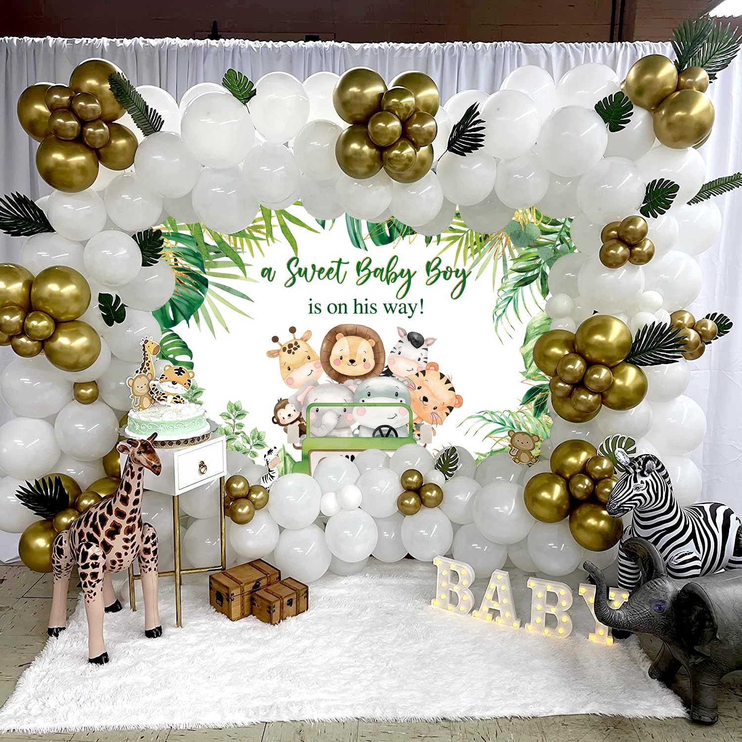 Jungle Animals Baby Shower Backdrop A Sweet Baby Boy is On His Way Photography Background Boys Baby Shower Photoshoot Wild Zoo Party Green Leaves Cake Table Decor 8x6FT - Image 3