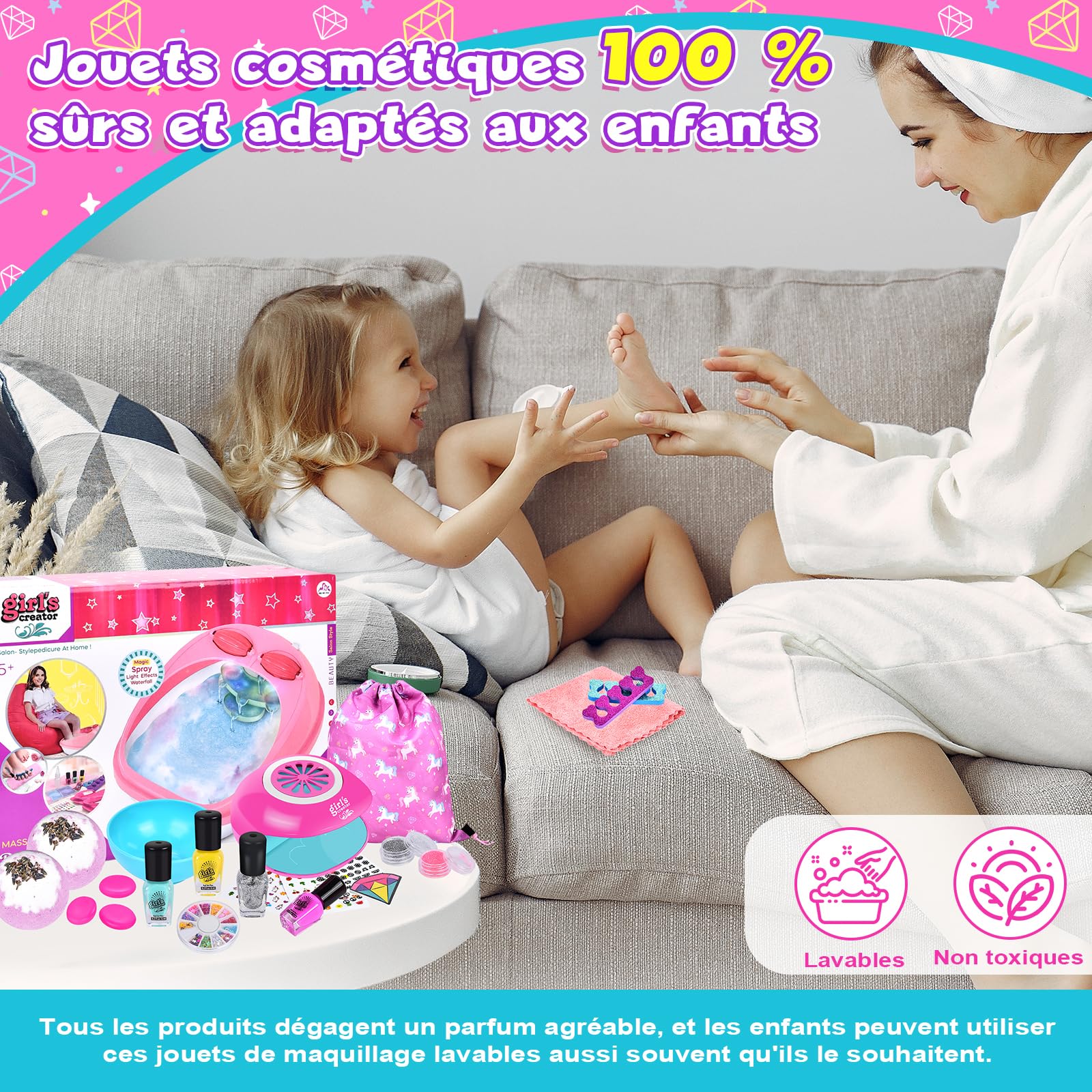 JONRRYIN Salon de manucure pour enfants et filles, kit de salon de manucure pour enfants et pieds, bain de pieds avec hydromassage, cadeaux pour filles, kit de vernis à ongles, art des ongles pour